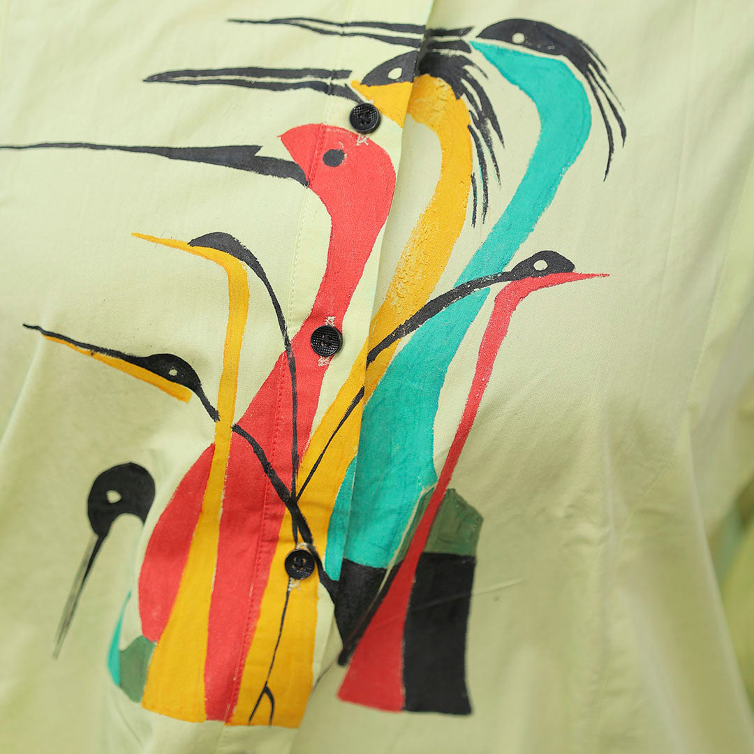 Boho Birds Hand-Painted Shirt – Neon Green Edition