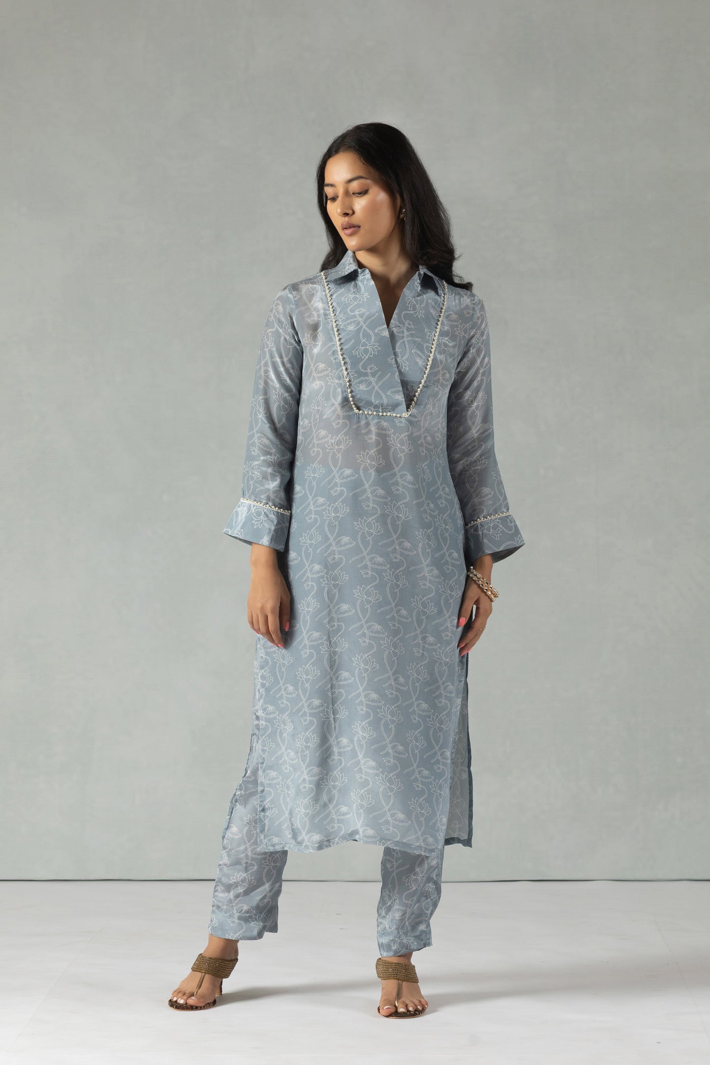 Grey Floral Crepe Kurti Set