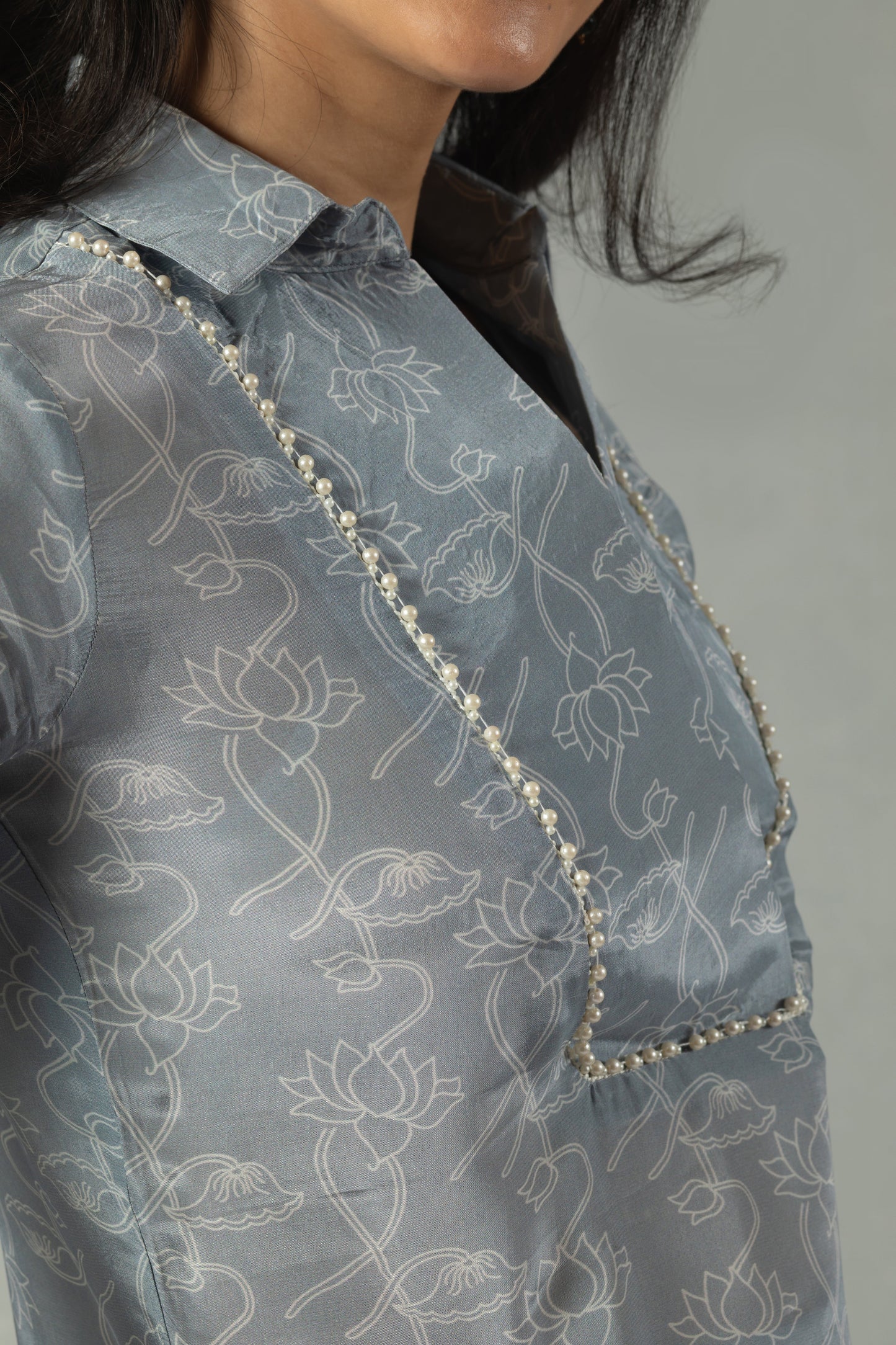 Grey Floral Crepe Kurti Set
