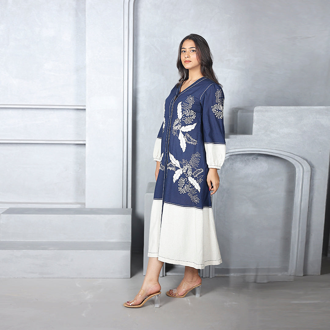 Luxe Indigo Grove Linen Embroidered Midi Dress