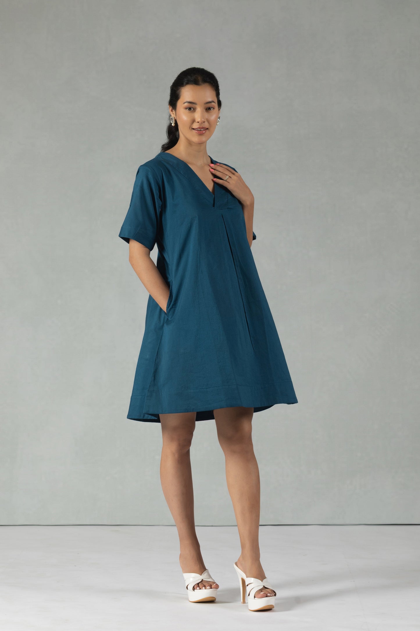 Teal Cotton V-Neck Mini Dress