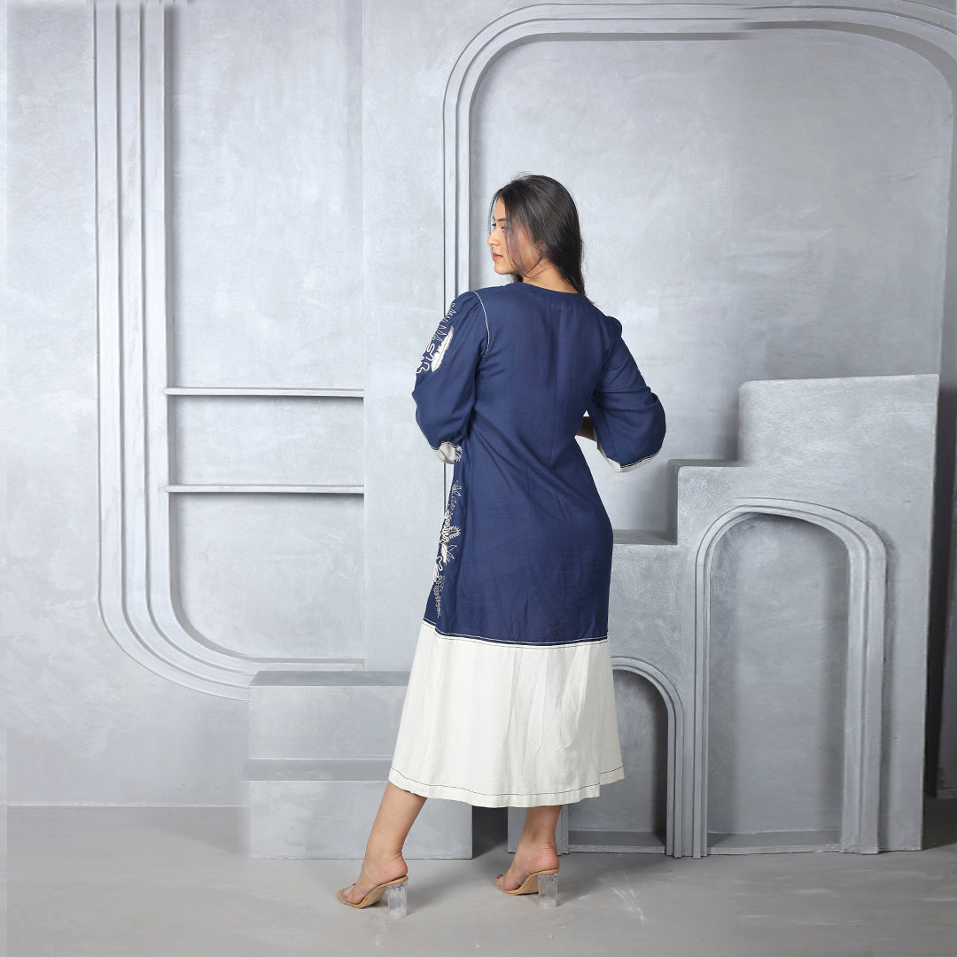 Luxe Indigo Grove Linen Embroidered Midi Dress