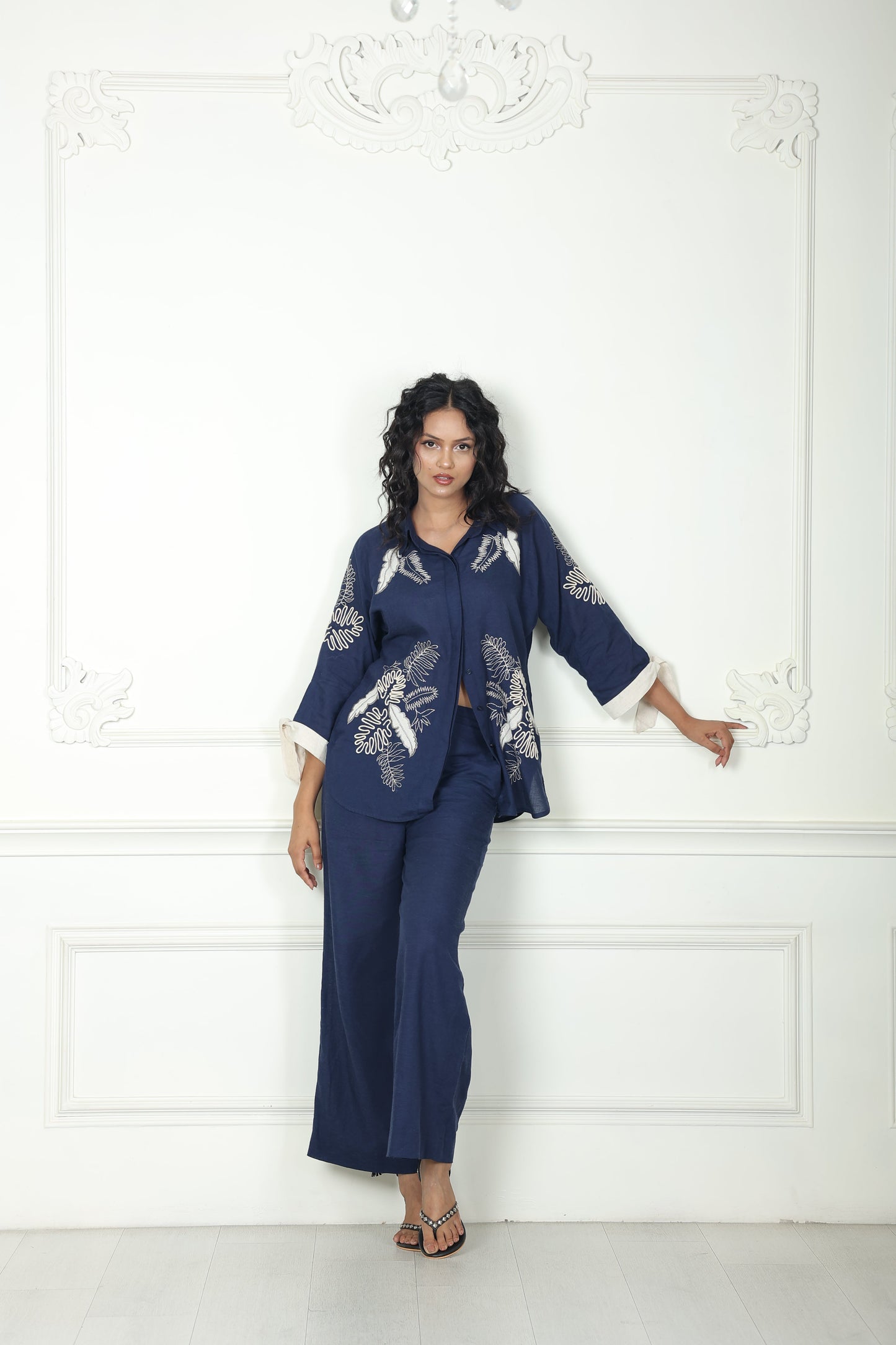 Luxe Indigo Grove Linen Embroidered Shirt