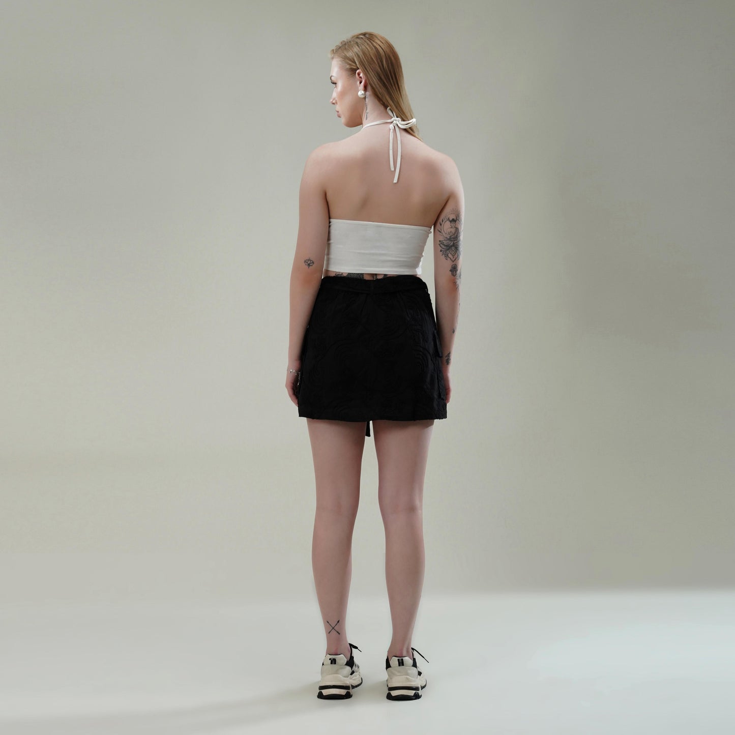 Black Dori Embroidered Cotton Flex Skirt with Utility Pockets & Waist Tie
