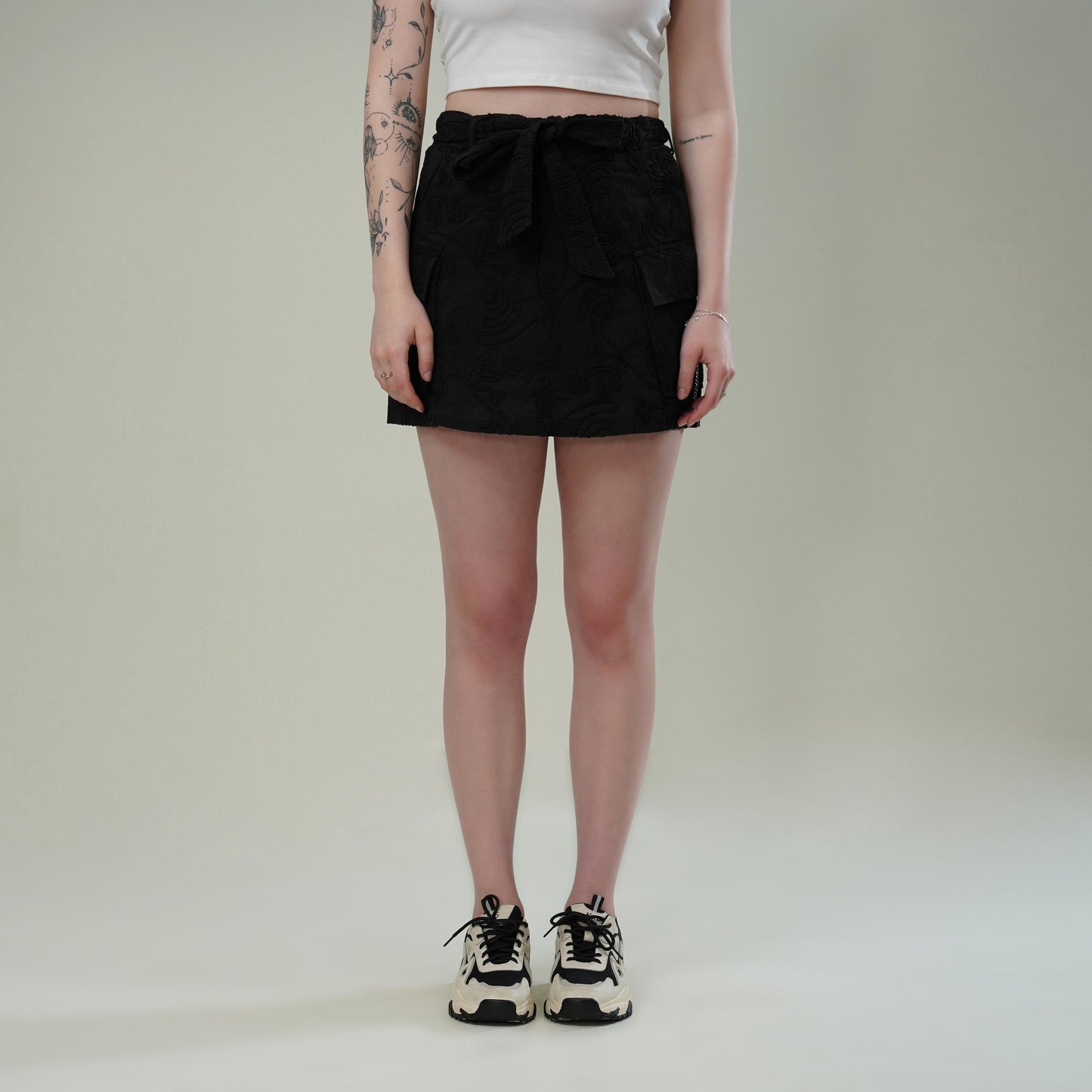 Black Dori Embroidered Cotton Flex Skirt with Utility Pockets & Waist Tie