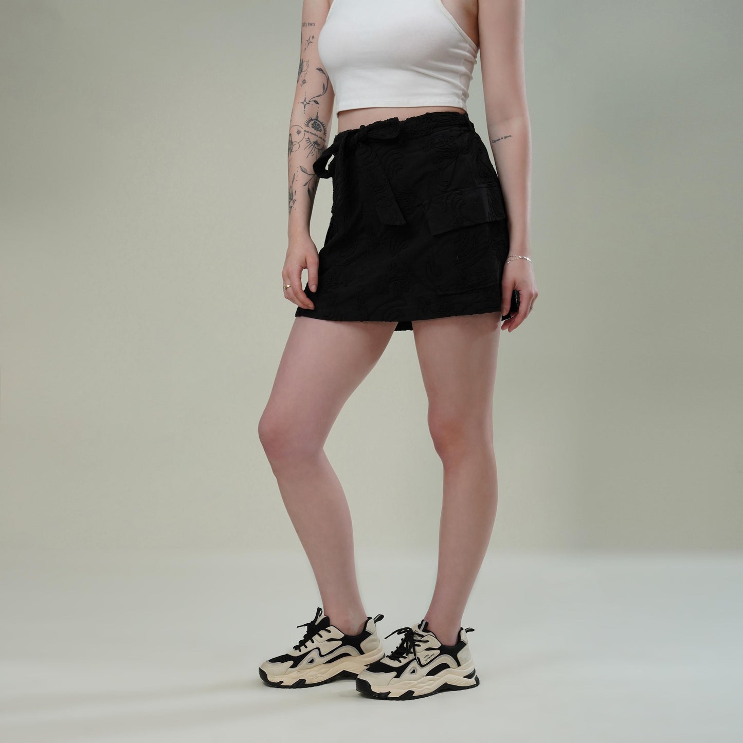 Black Dori Embroidered Cotton Flex Skirt with Utility Pockets & Waist Tie