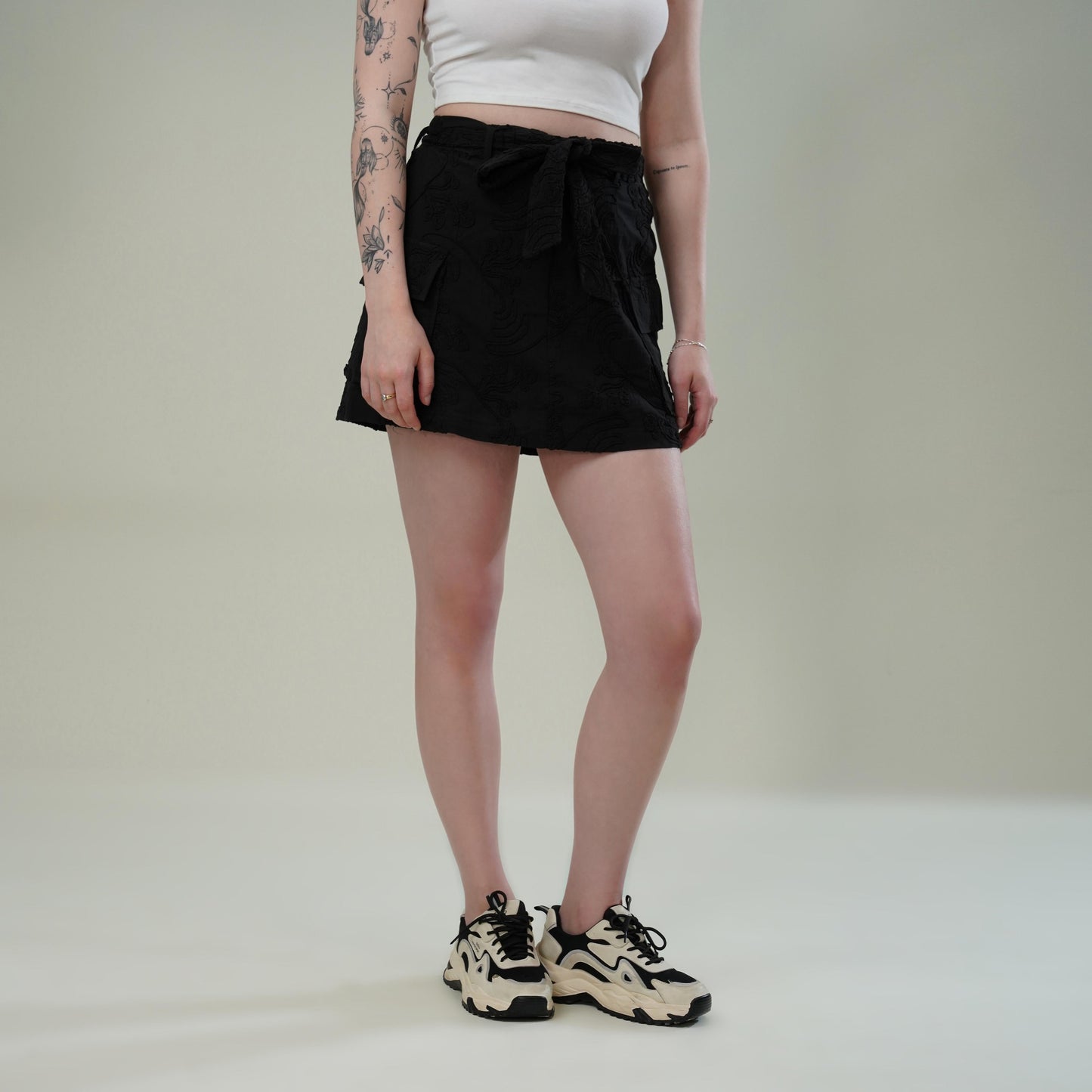Black Dori Embroidered Cotton Flex Skirt with Utility Pockets & Waist Tie