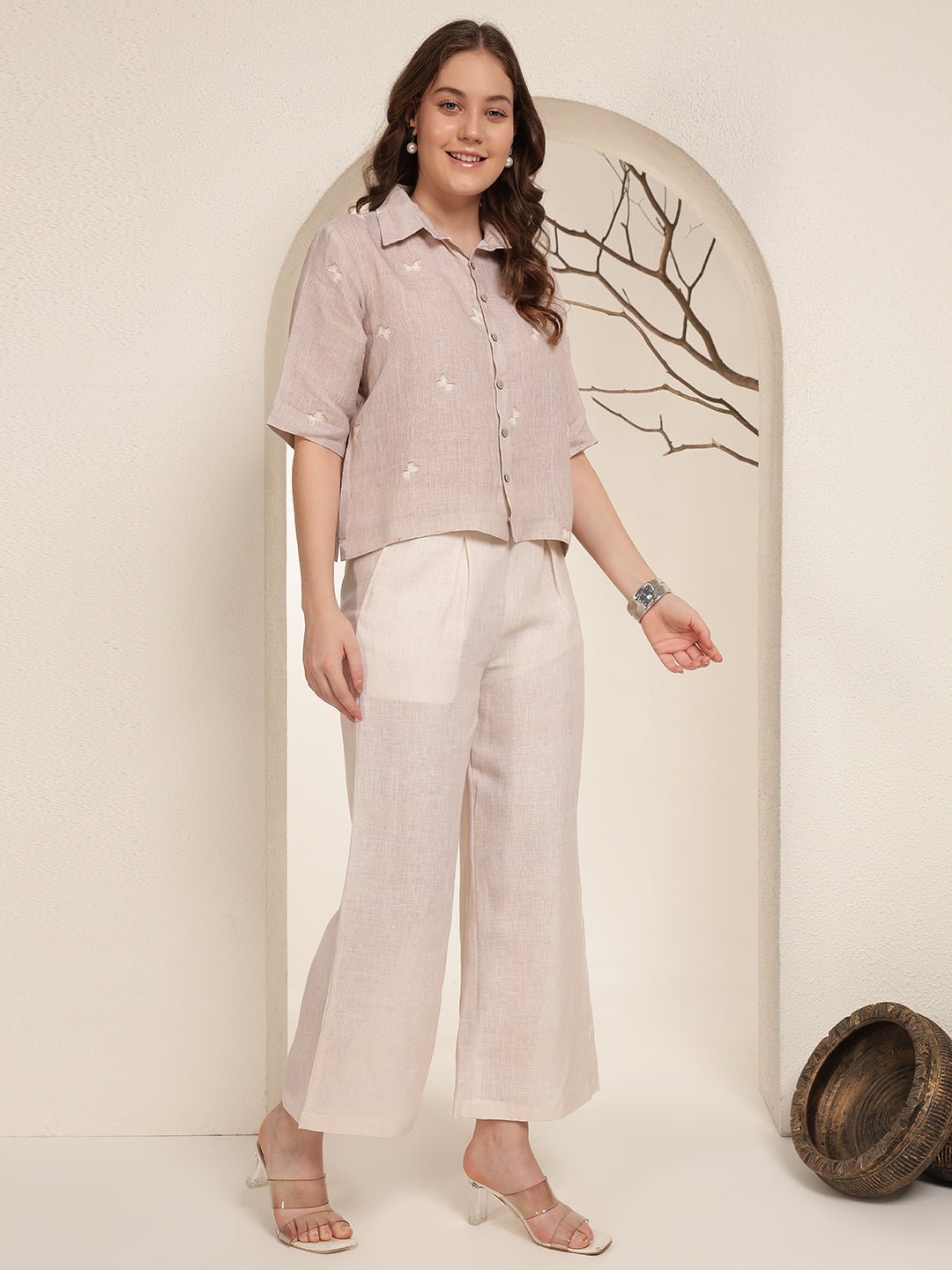 Off-White Trousers 100% Pure linen printed co-ord sets