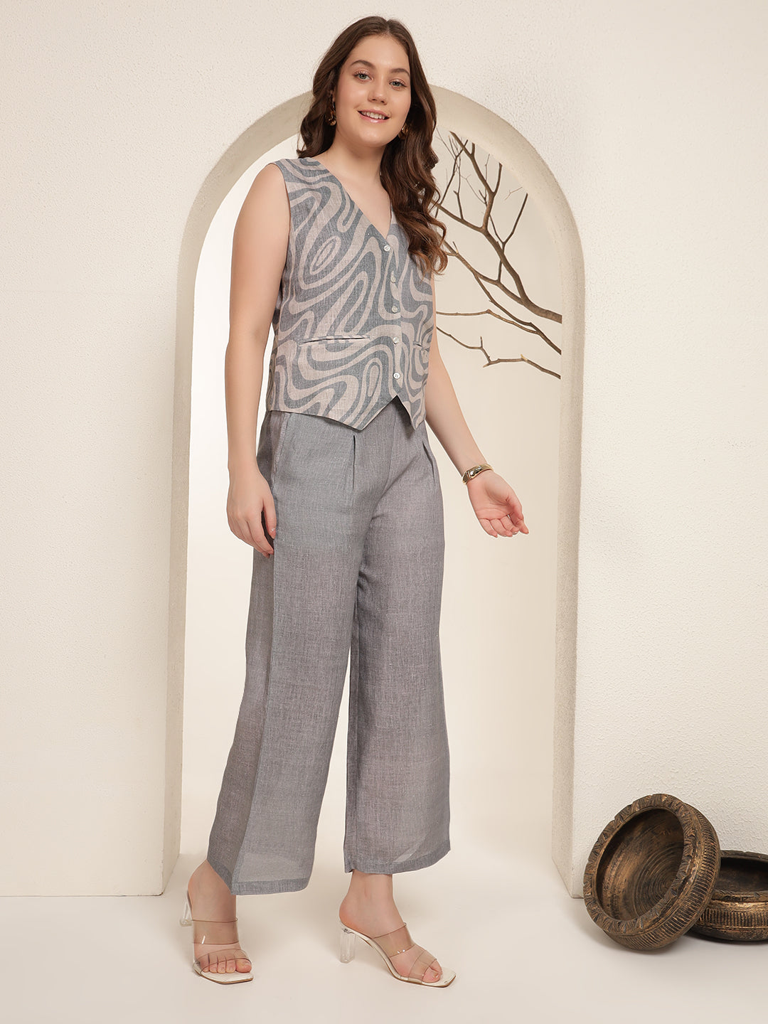 Muted Slate Grey 100% Pure linen printed co-ord sets