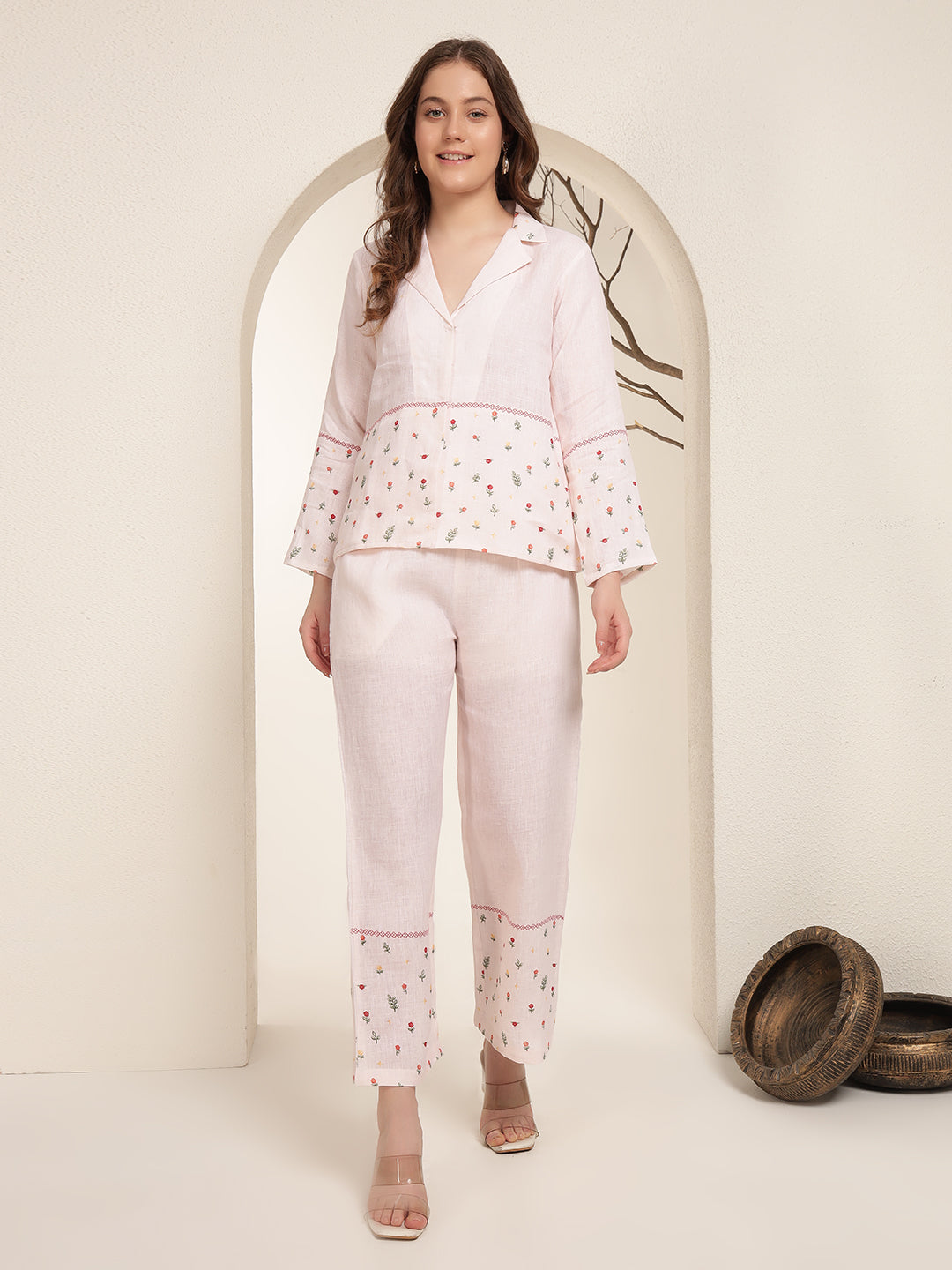 Baby Pink 100% Pure linen printed co-ord sets
