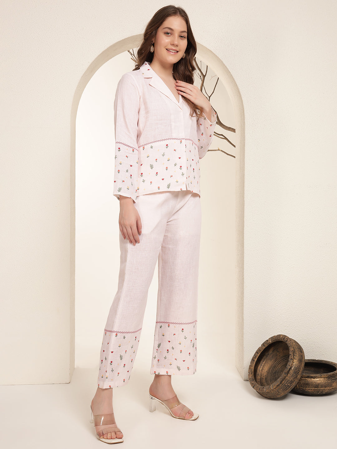 Baby Pink 100% Pure linen printed co-ord sets