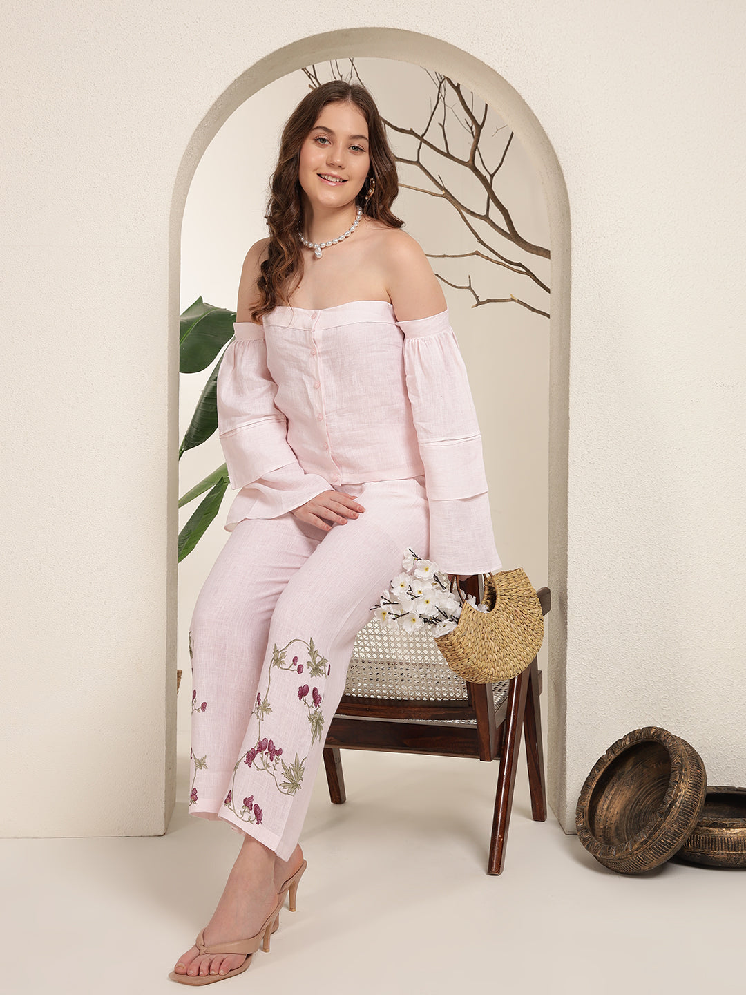 Baby Pink Off-Shoulder 100% Pure linen printed co-ord sets