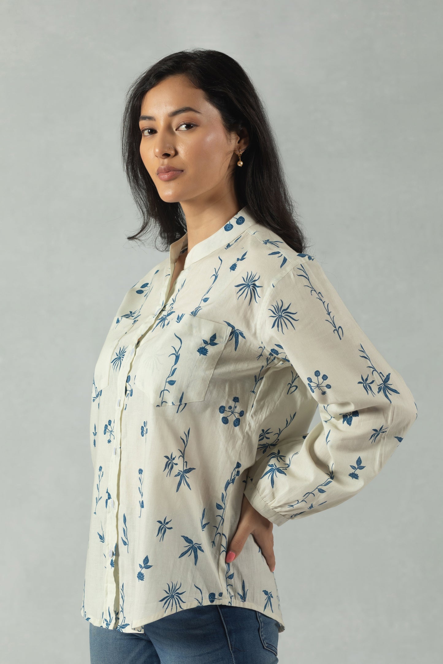 White Full Sleeves Floral Cotton Shirt