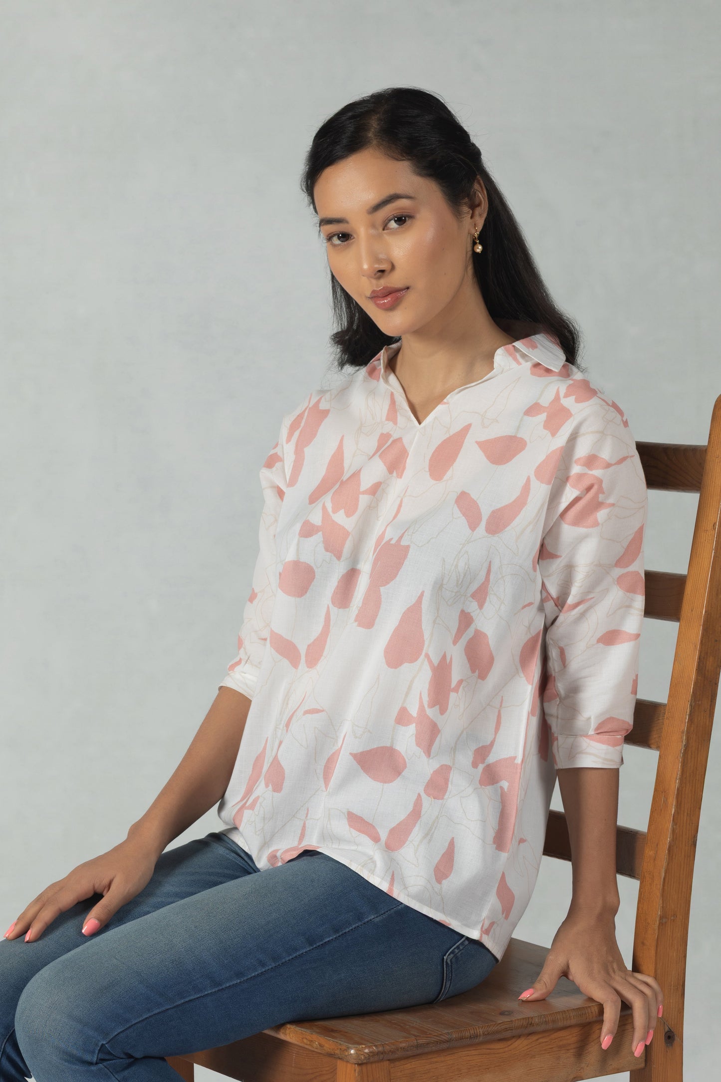 White Cotton Shirt with Soft Peach Blossom Print