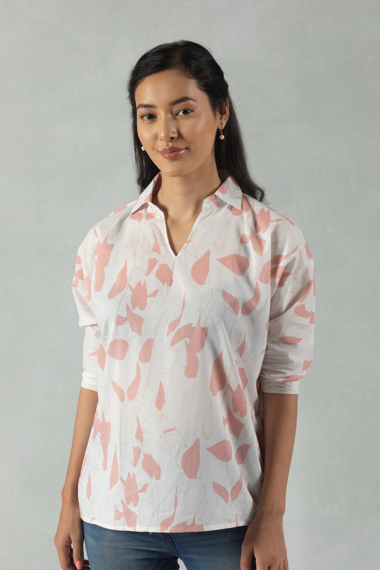 White Cotton Shirt with Soft Peach Blossom Print