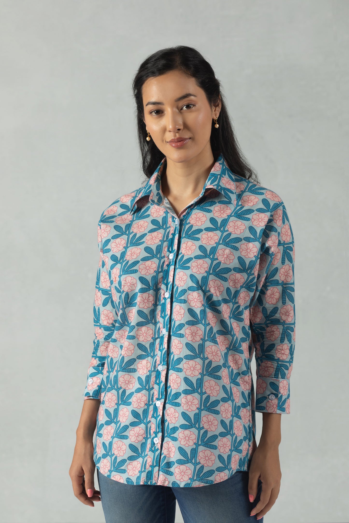 Blue Cotton Shirt with Abstract Garden Motif