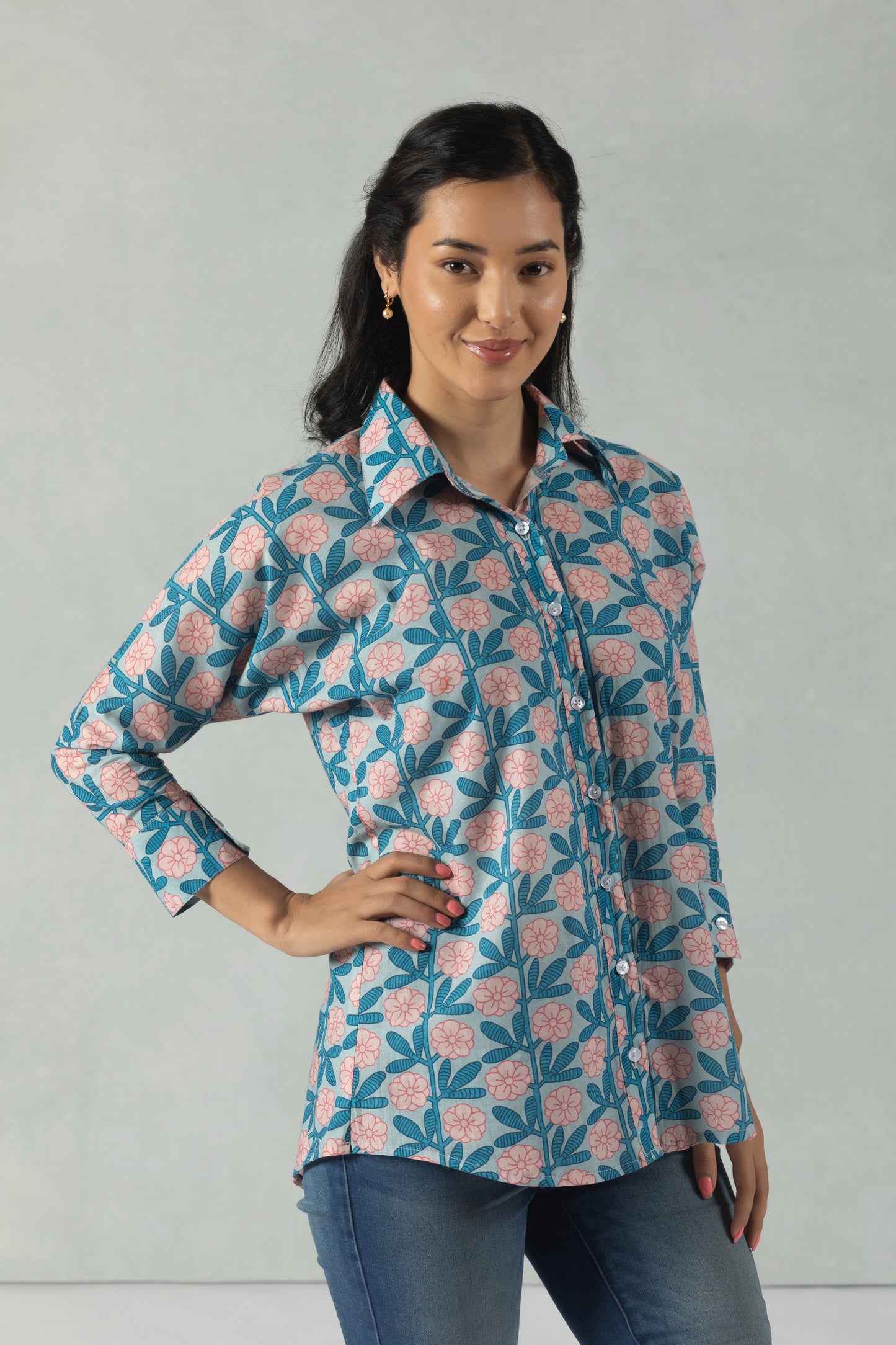 Blue Cotton Shirt with Abstract Garden Motif