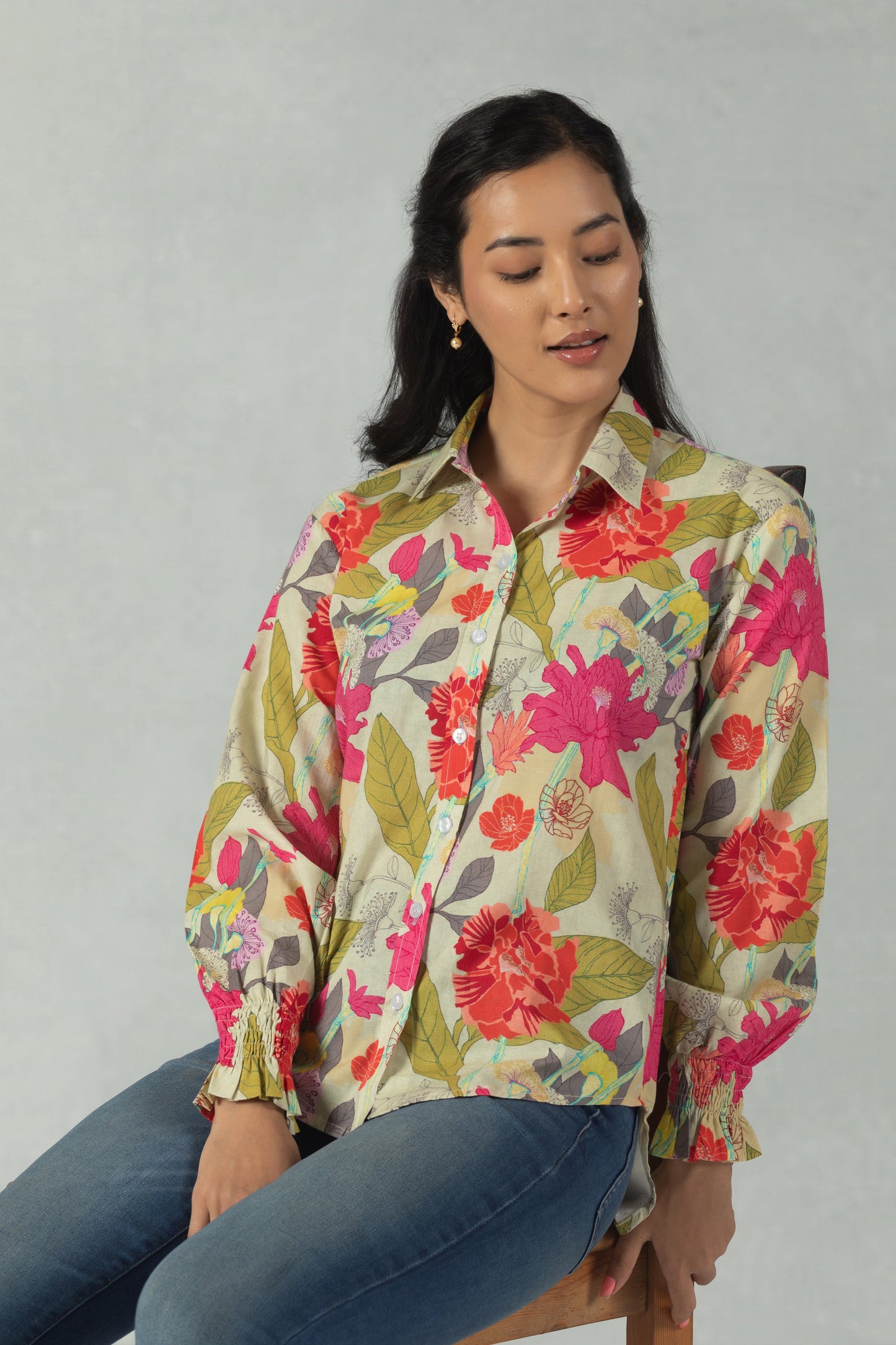 Green Cotton Shirt with Tropical Leaf Detailing