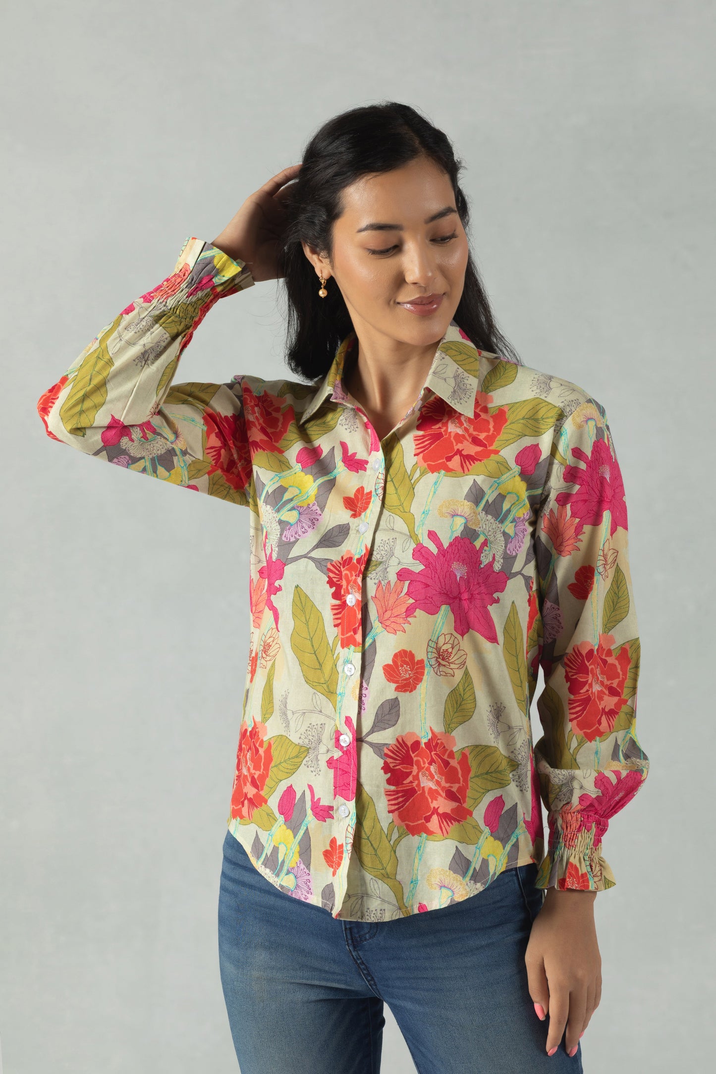 Green Cotton Shirt with Tropical Leaf Detailing