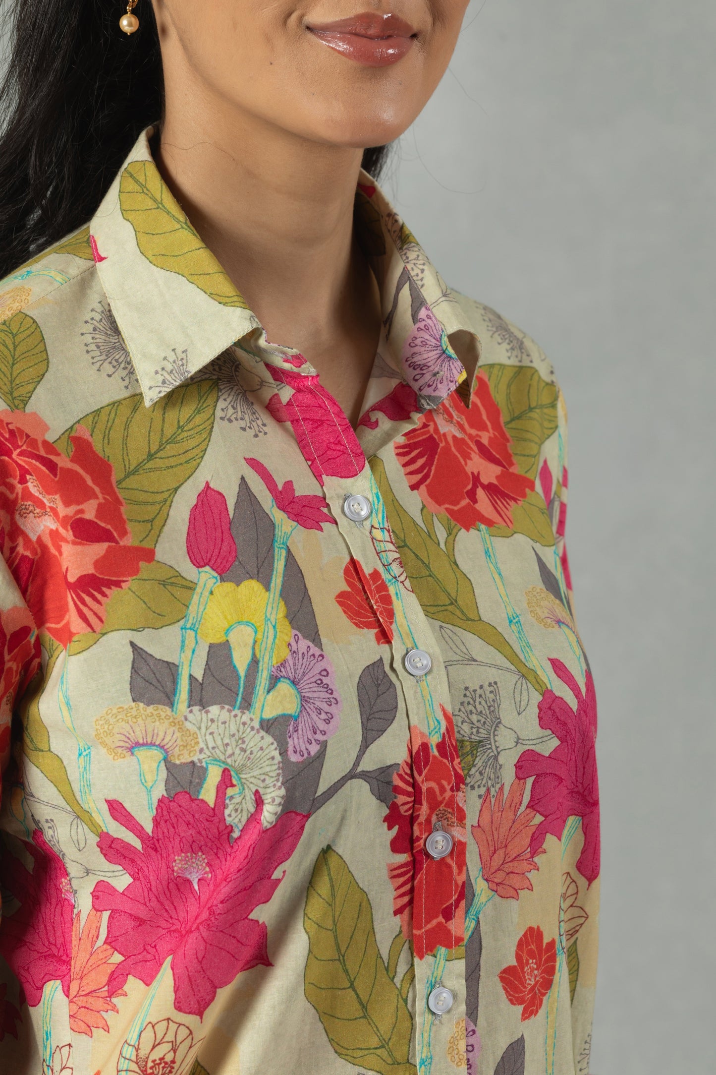 Green Cotton Shirt with Tropical Leaf Detailing