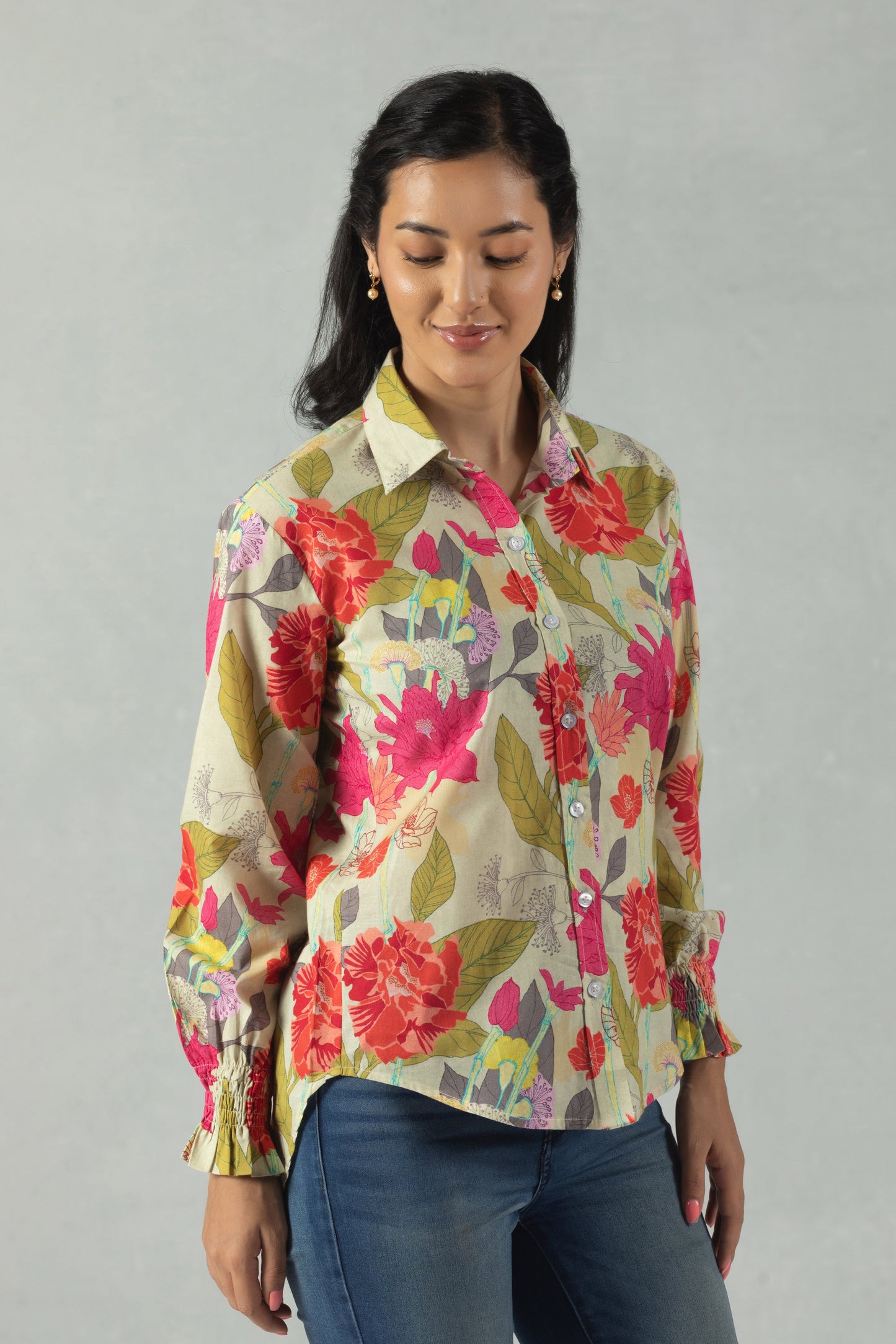Green Cotton Shirt with Tropical Leaf Detailing