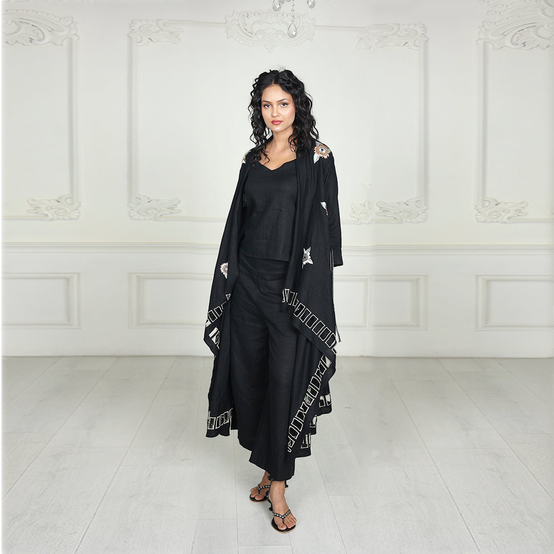 Luxe Nera Bellezza Hand-Embroidered Linen Co-Ord Set