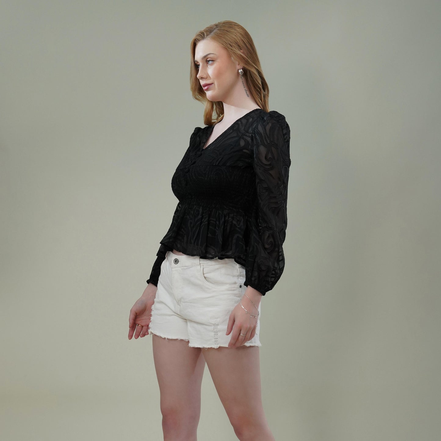 Black Georgette Burnout Textured Top with Smocked Waist