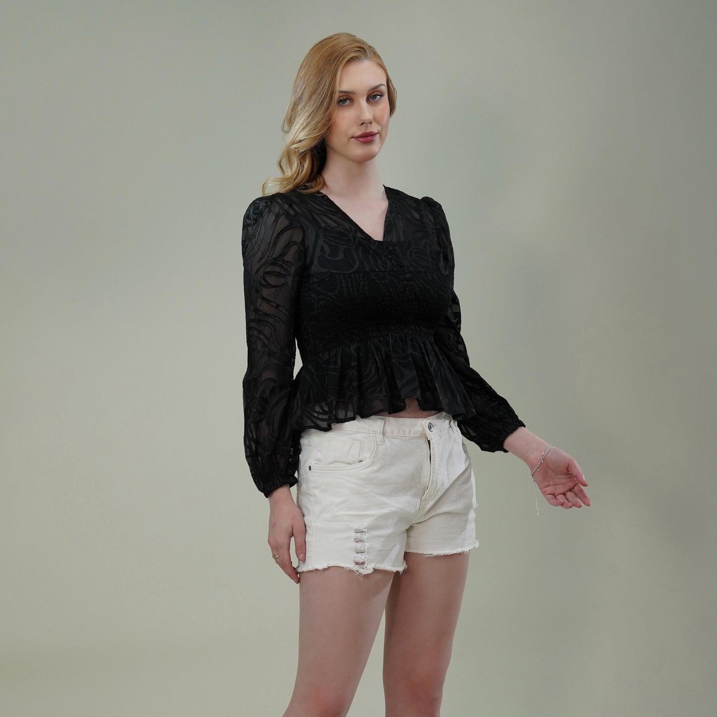 Black Georgette Burnout Textured Top with Smocked Waist