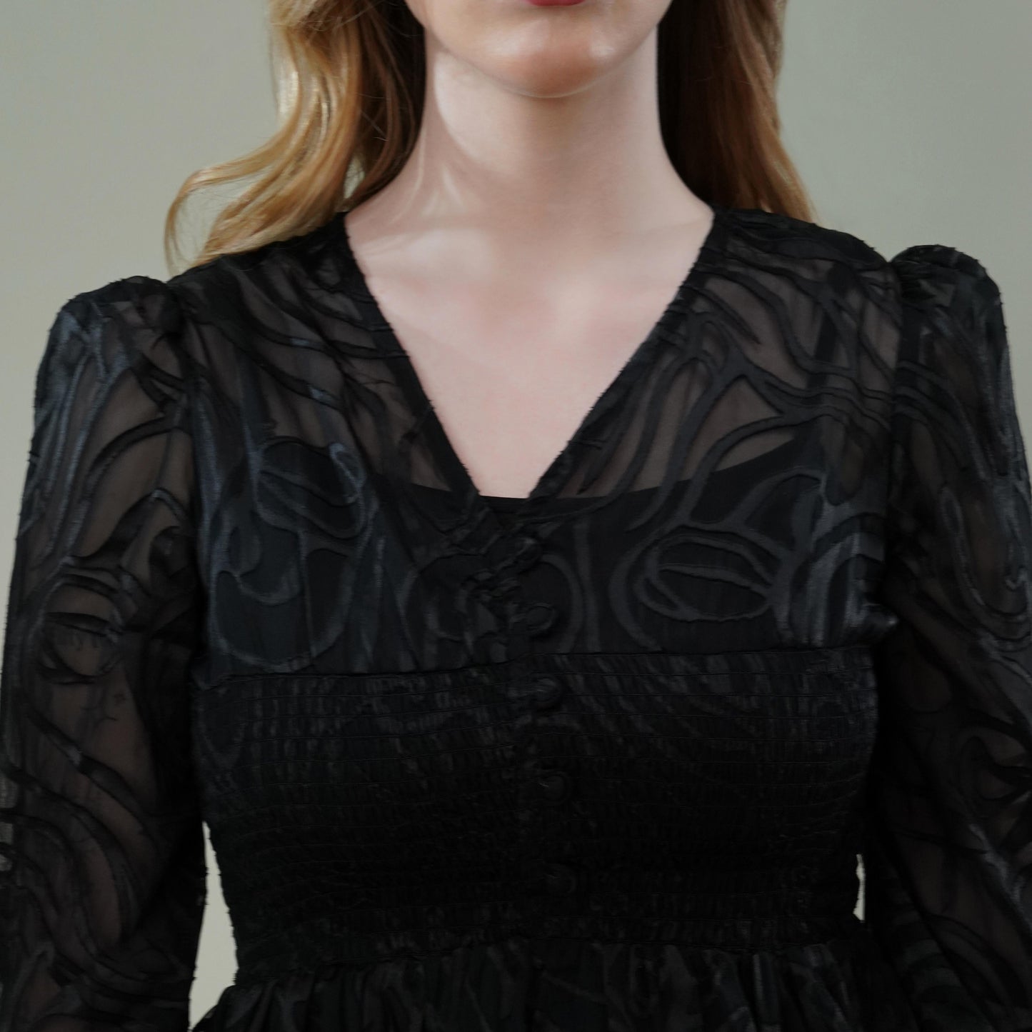 Black Georgette Burnout Textured Top with Smocked Waist