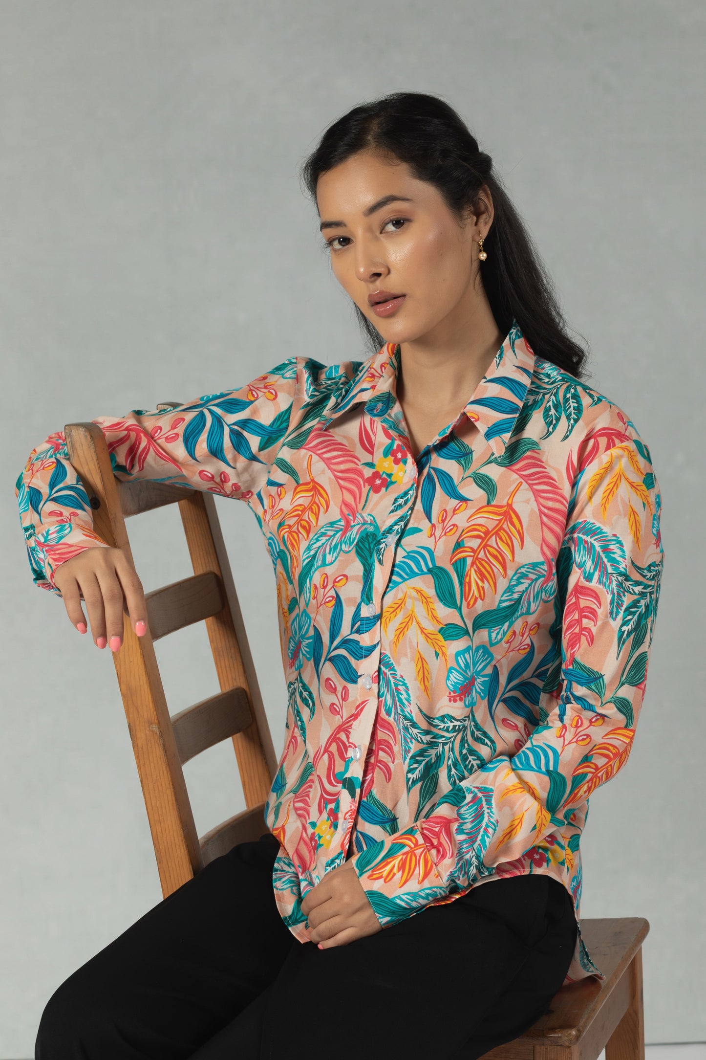 Teal Cotton Shirt with Coral Vine Print