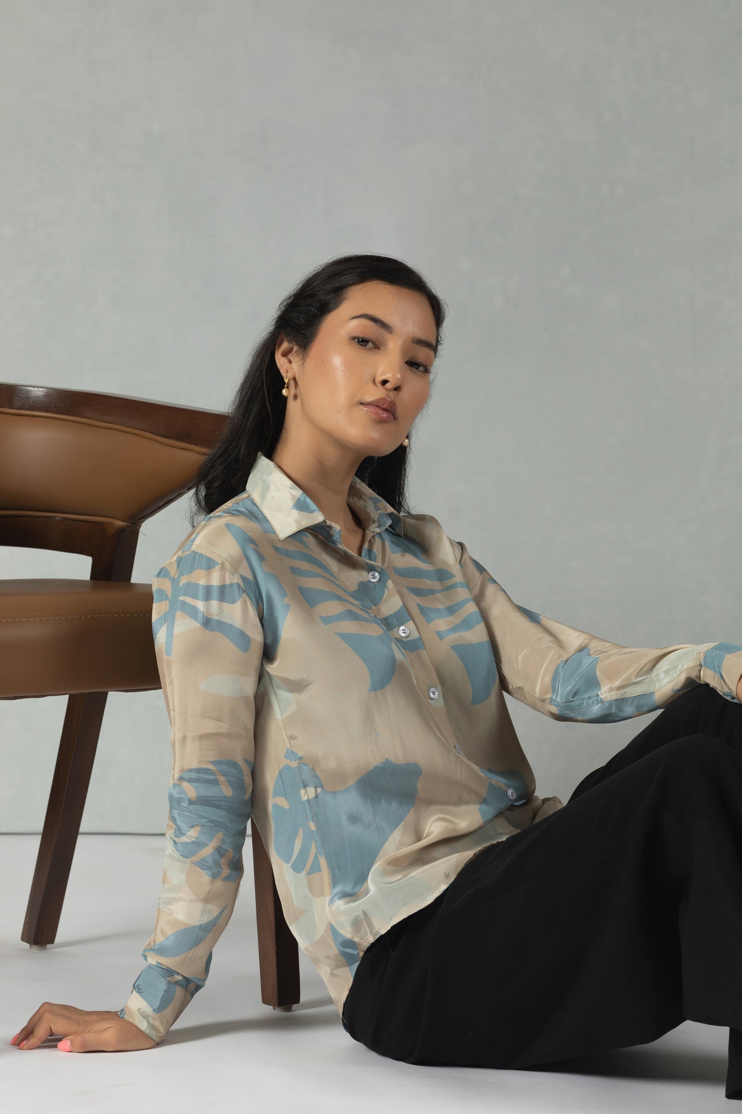 Grey Crepe Shirt with Subtle Botanical Accents