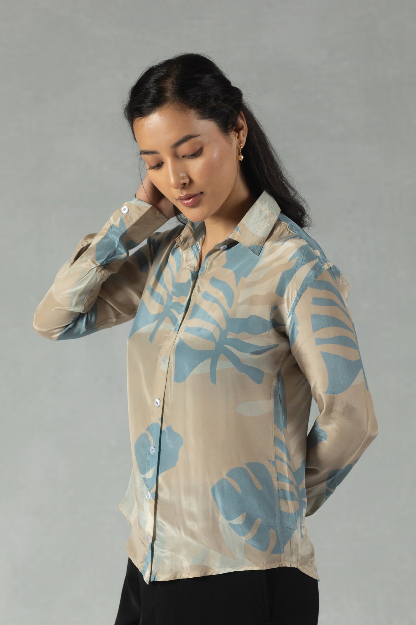 Grey Crepe Shirt with Subtle Botanical Accents