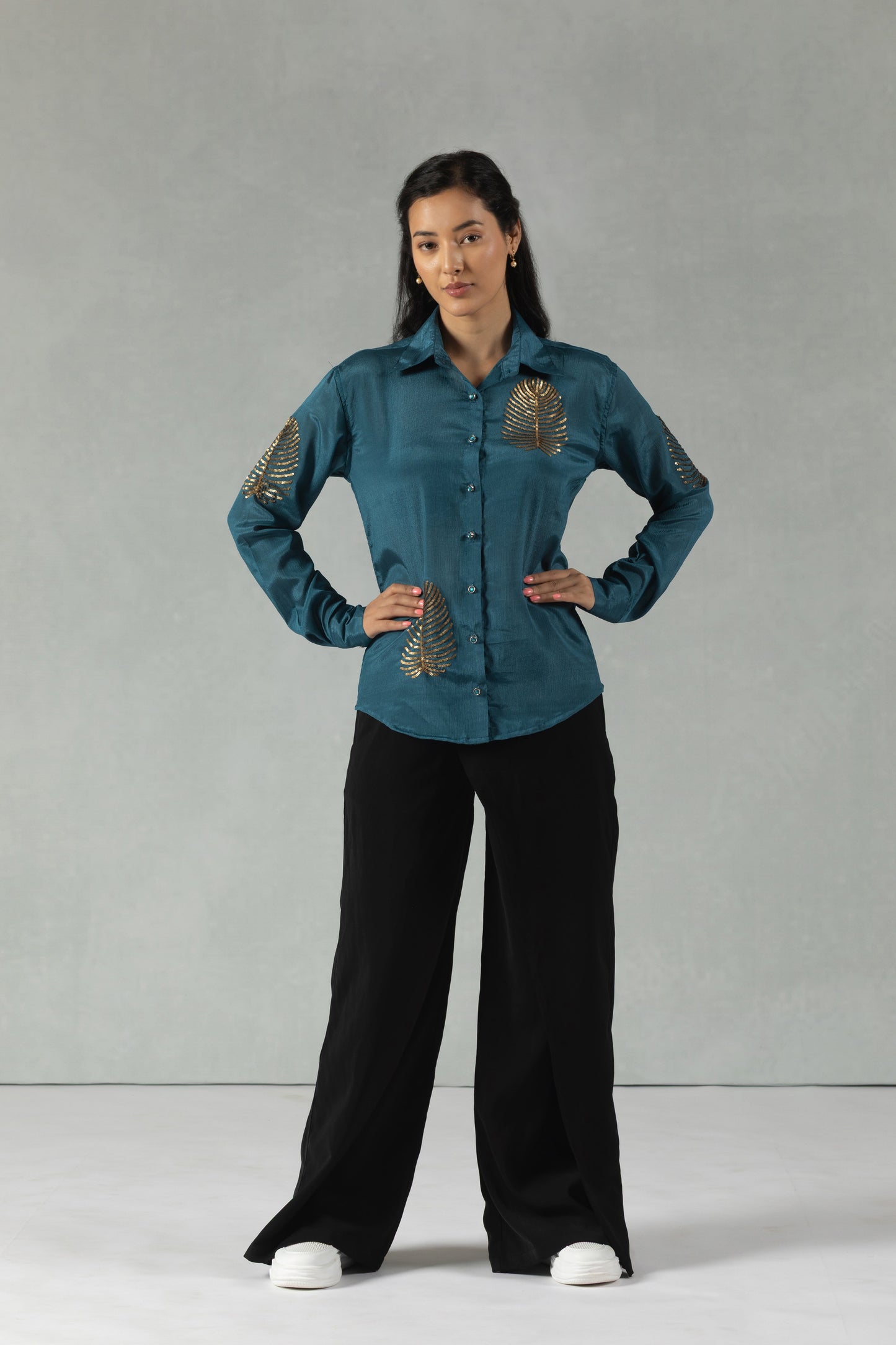 Teal Muslin Shirt with Handcrafted Floral Embroidery