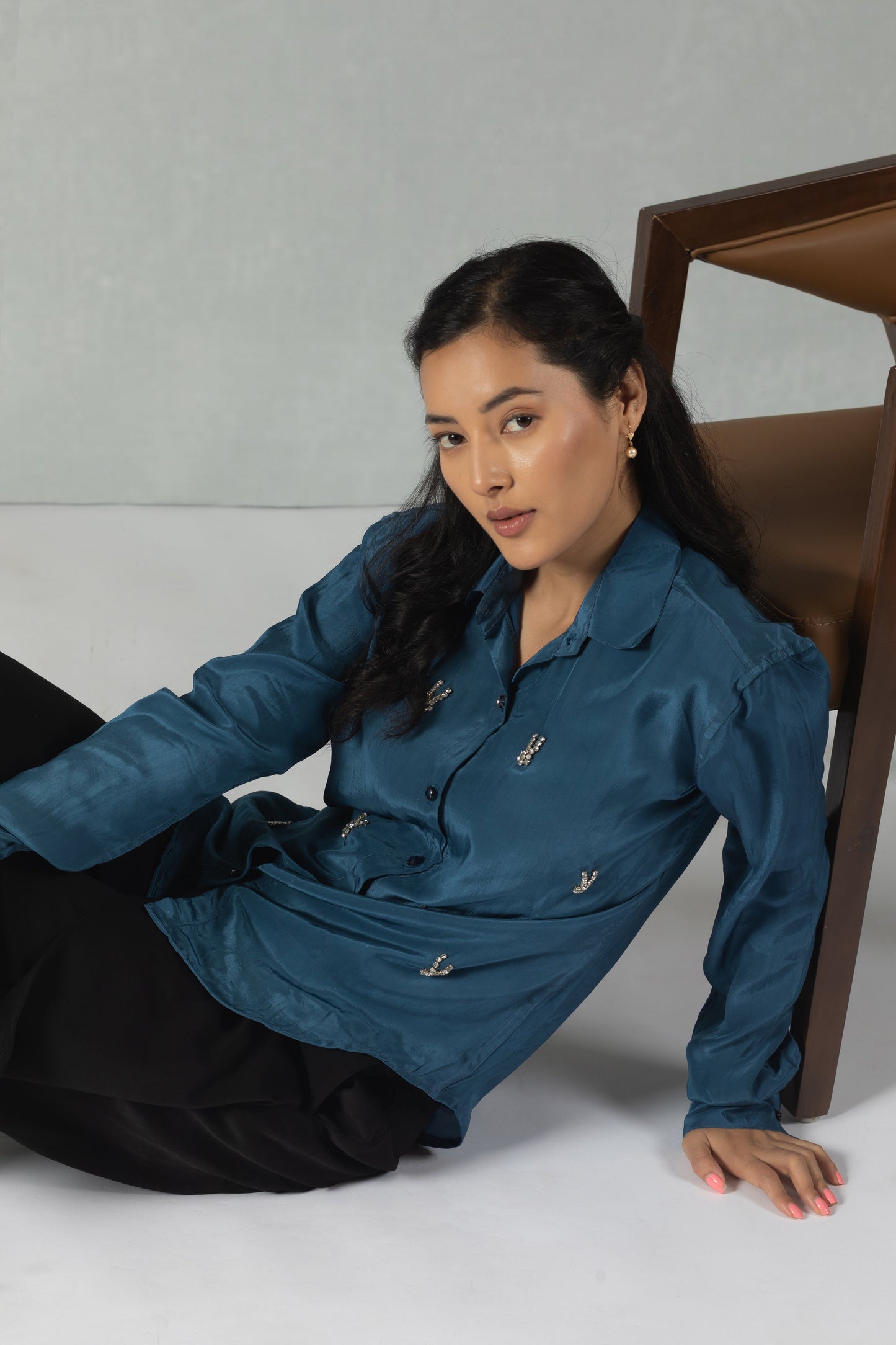 Teal Muslin Shirt with Handcrafted Floral Embroidery