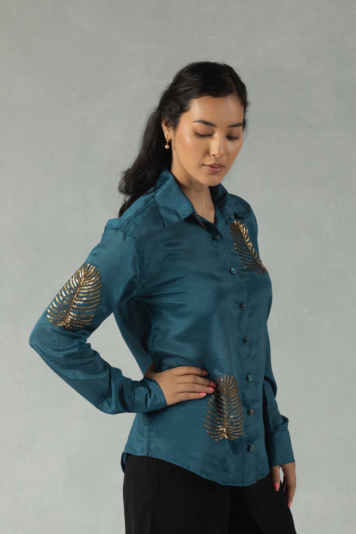 Teal Muslin Shirt with Handcrafted Floral Embroidery