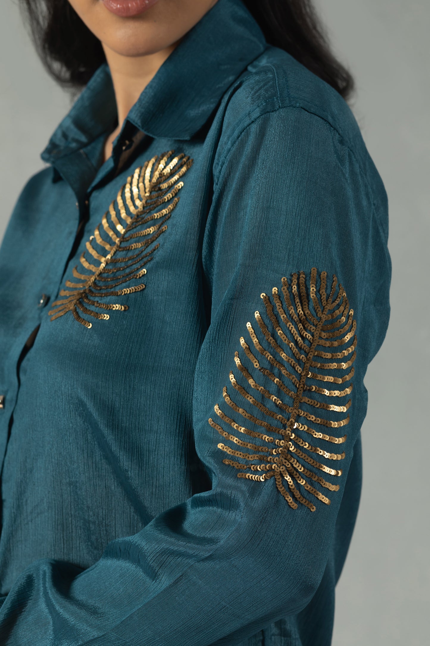 Teal Muslin Shirt with Handcrafted Floral Embroidery
