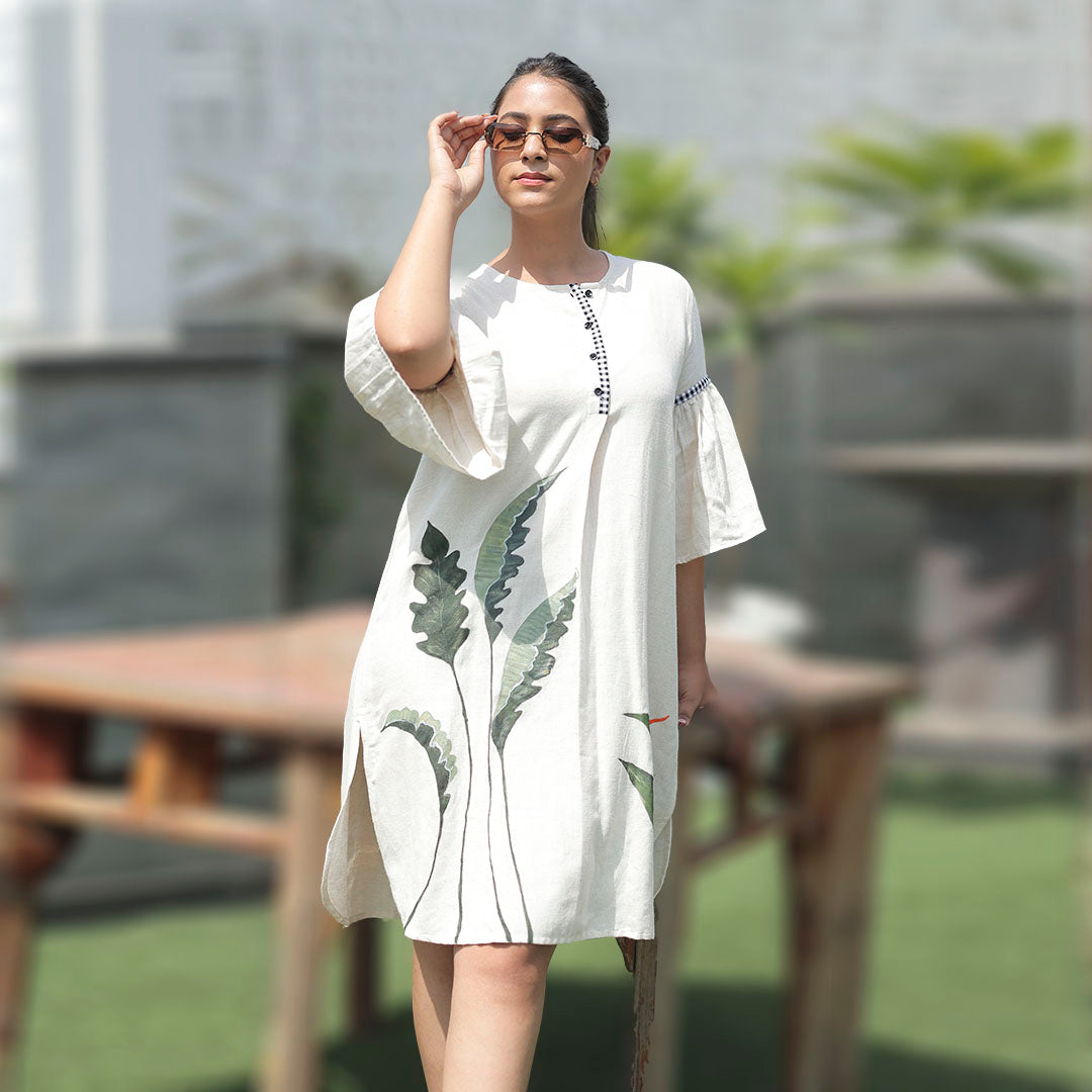 Boho Leaves Linen Balloon Sleeve Dress