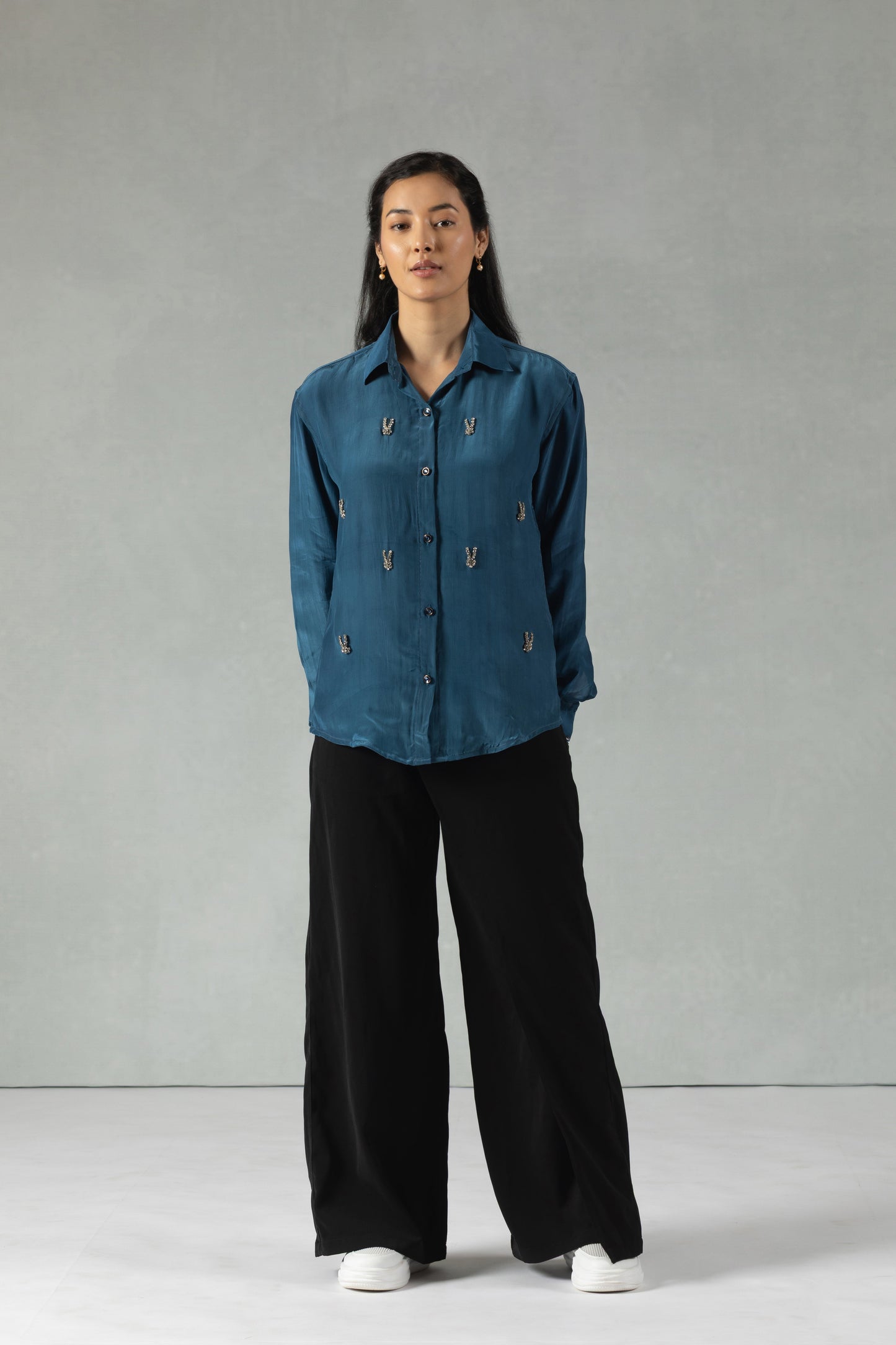 Teal Crepe Shirt with Hand Embroidery Accents