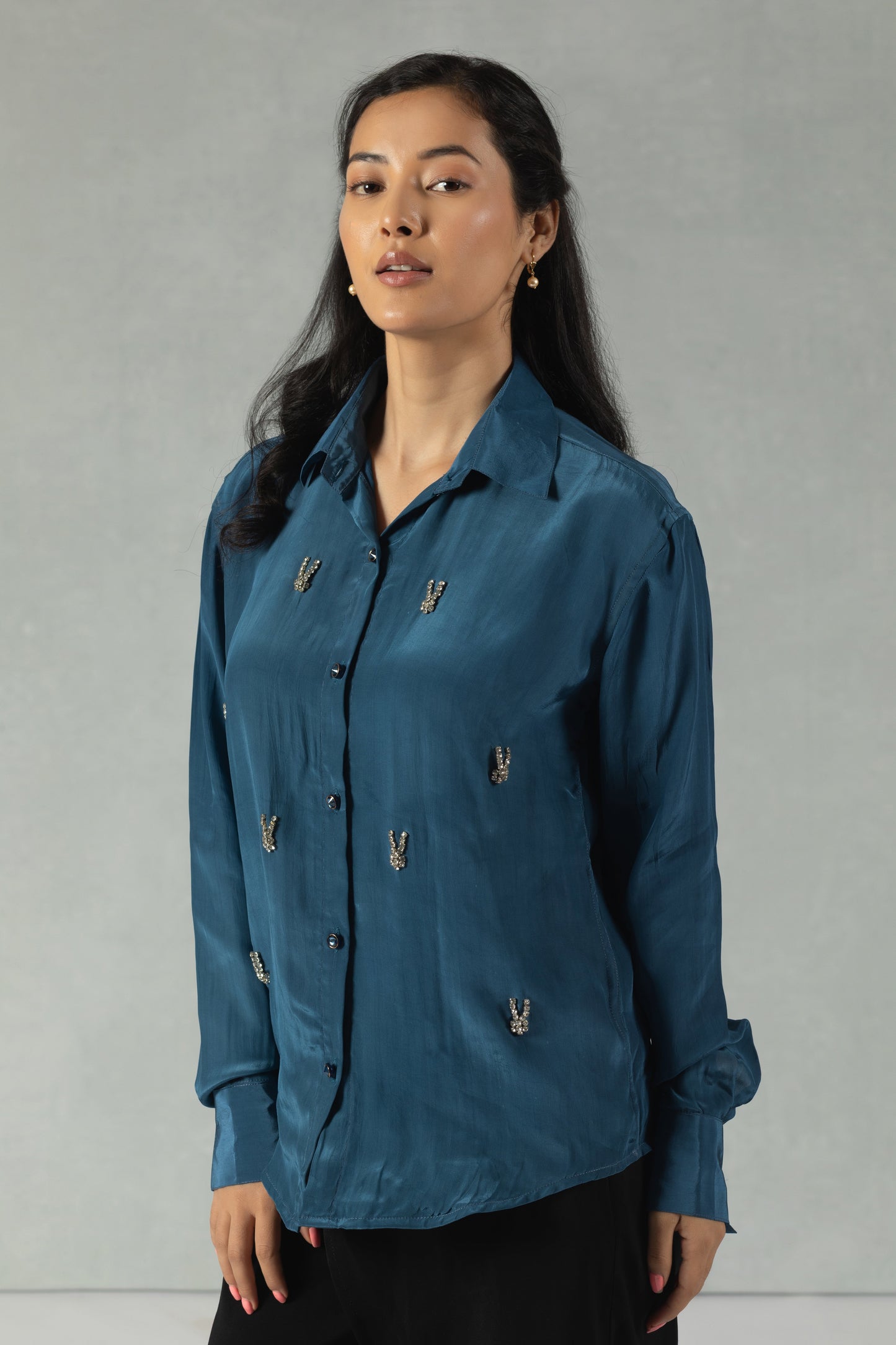 Teal Crepe Shirt with Hand Embroidery Accents