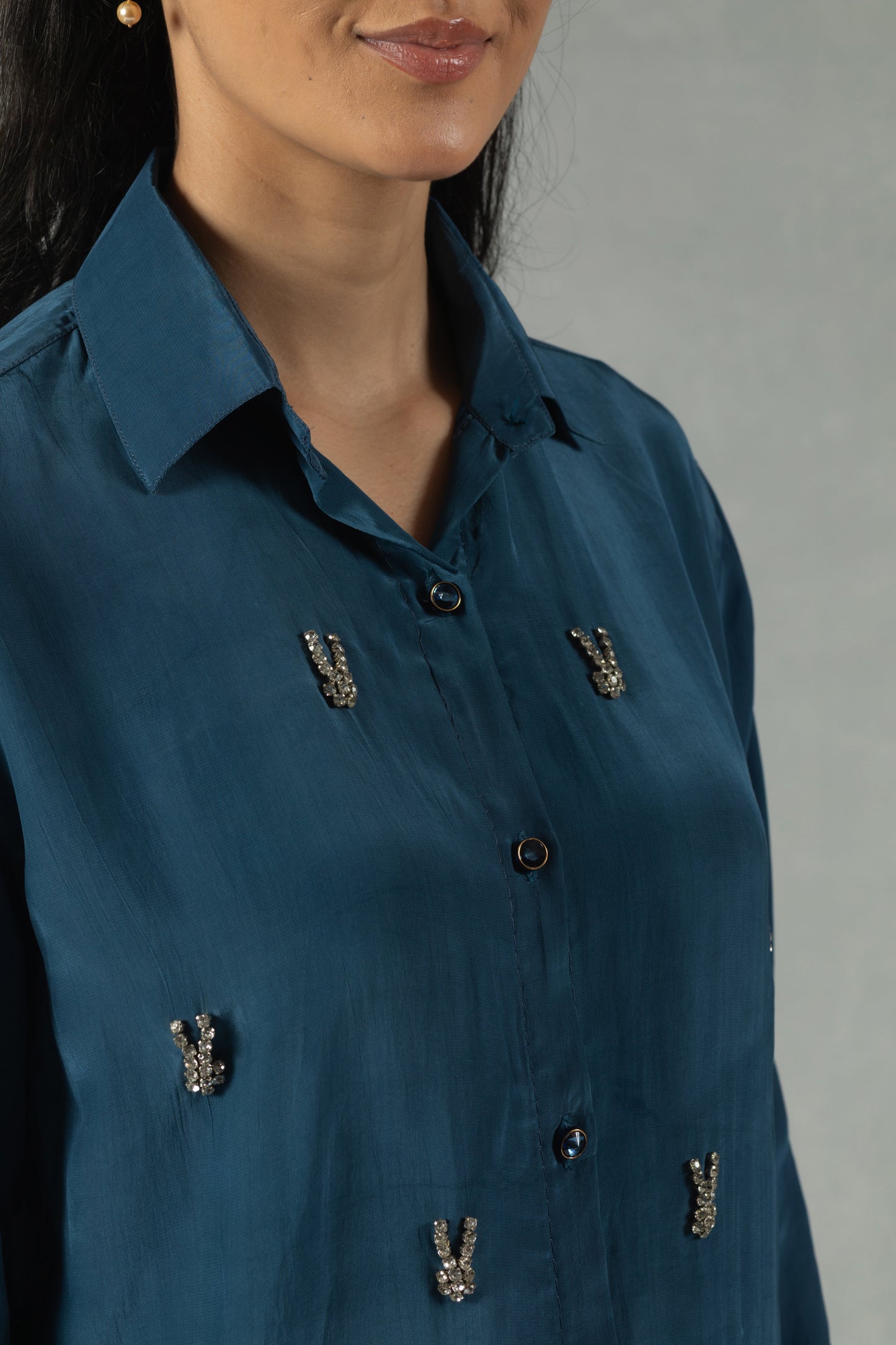 Teal Crepe Shirt with Hand Embroidery Accents