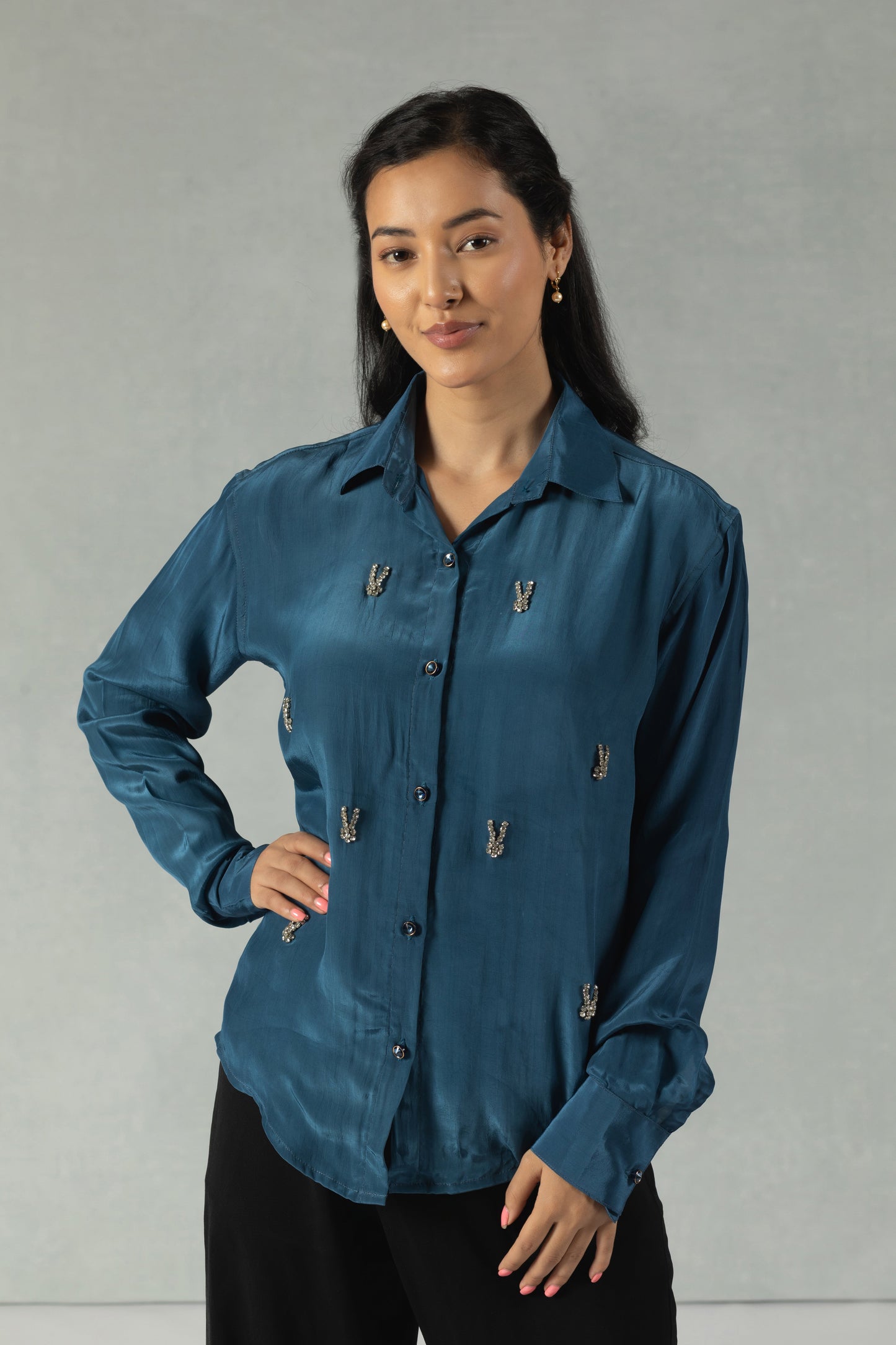 Teal Crepe Shirt with Hand Embroidery Accents