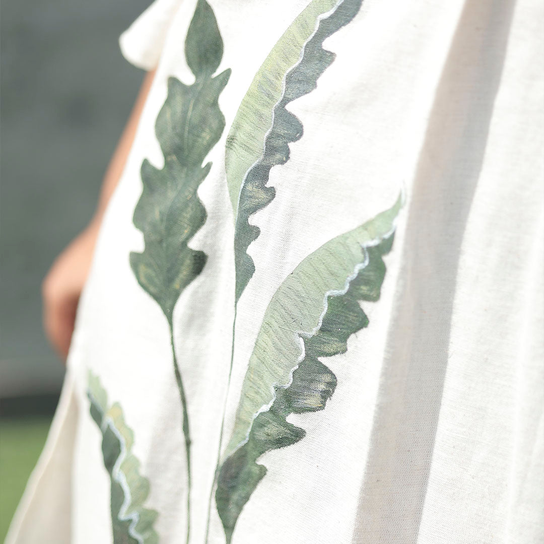 Boho Leaves Linen Balloon Sleeve Dress