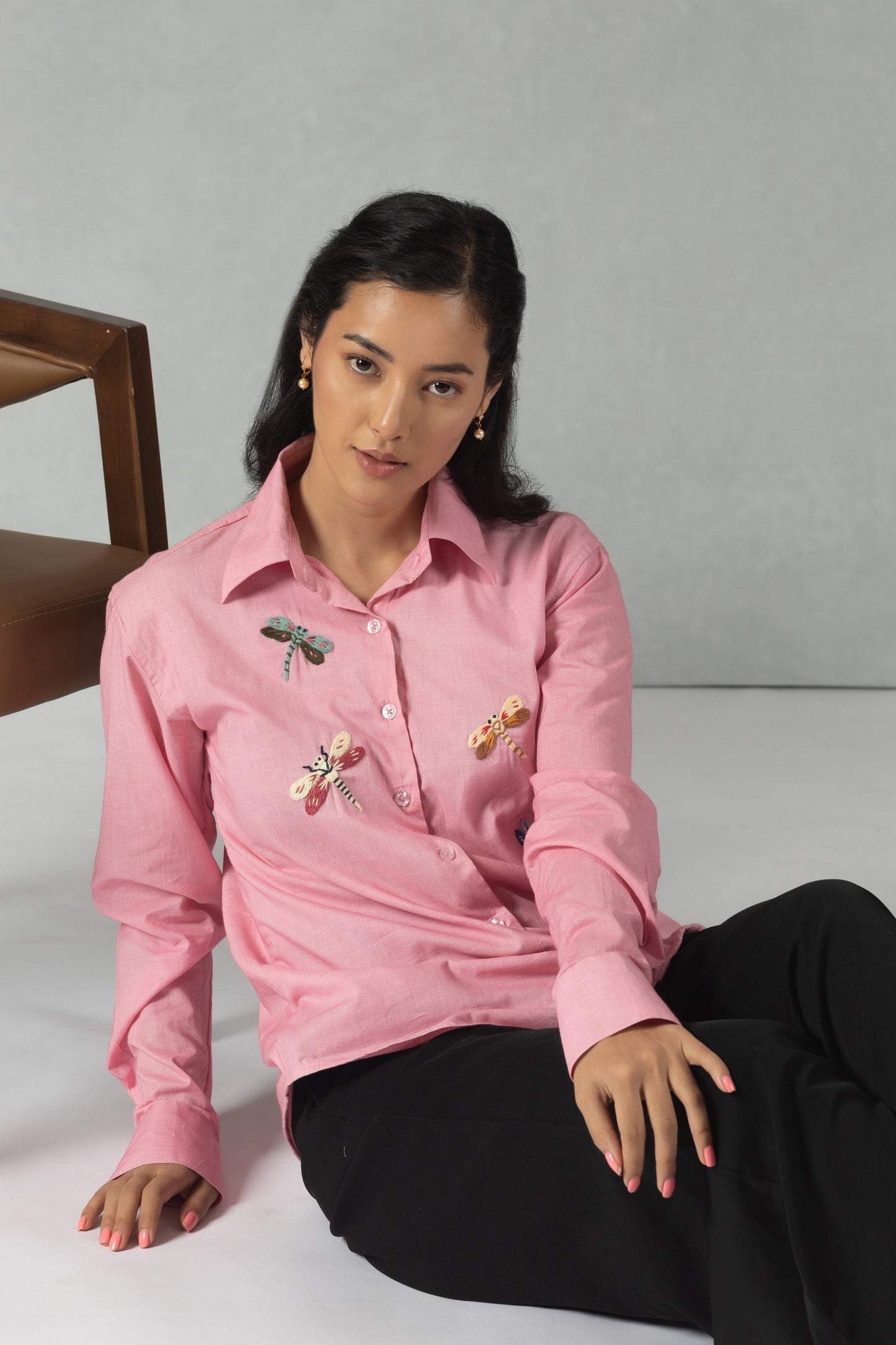 Pink Cotton Shirt with Hand Embroidered Dragonfly Motif