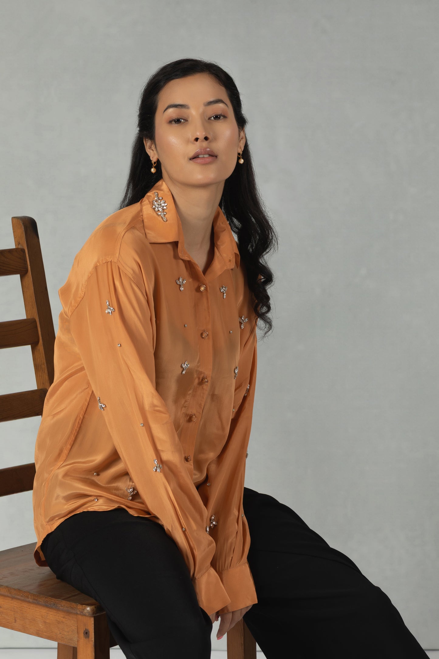 Orange Crepe Shirt with Minimal Handwork Detailing