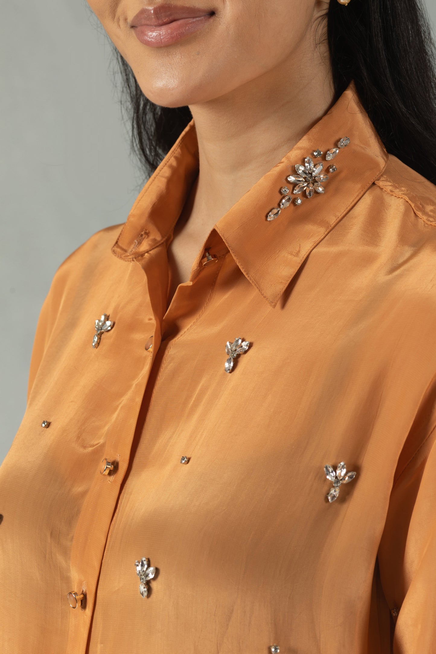 Orange Crepe Shirt with Minimal Handwork Detailing