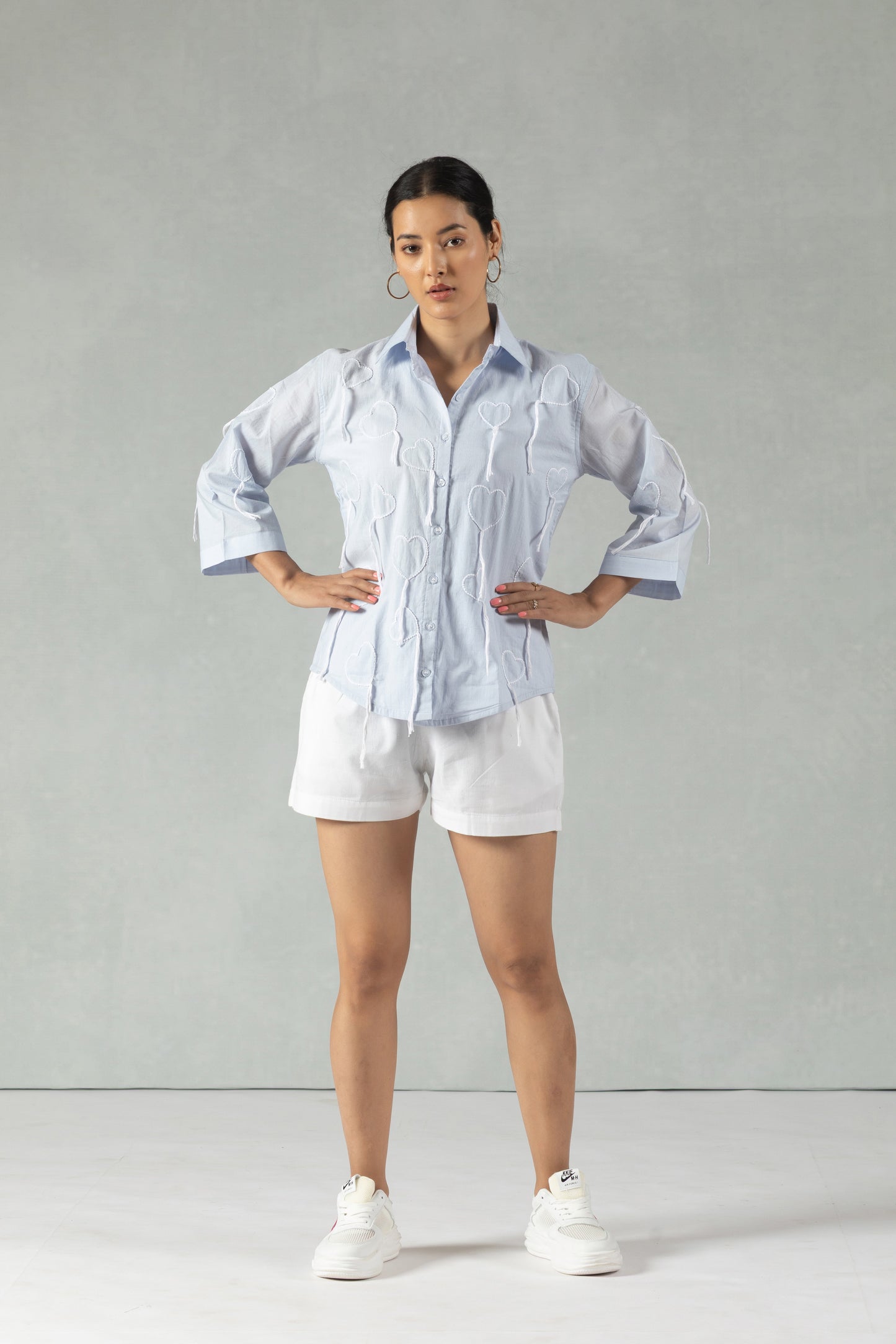Blue Cotton Shirt with Hand Embroidered Heart Detail
