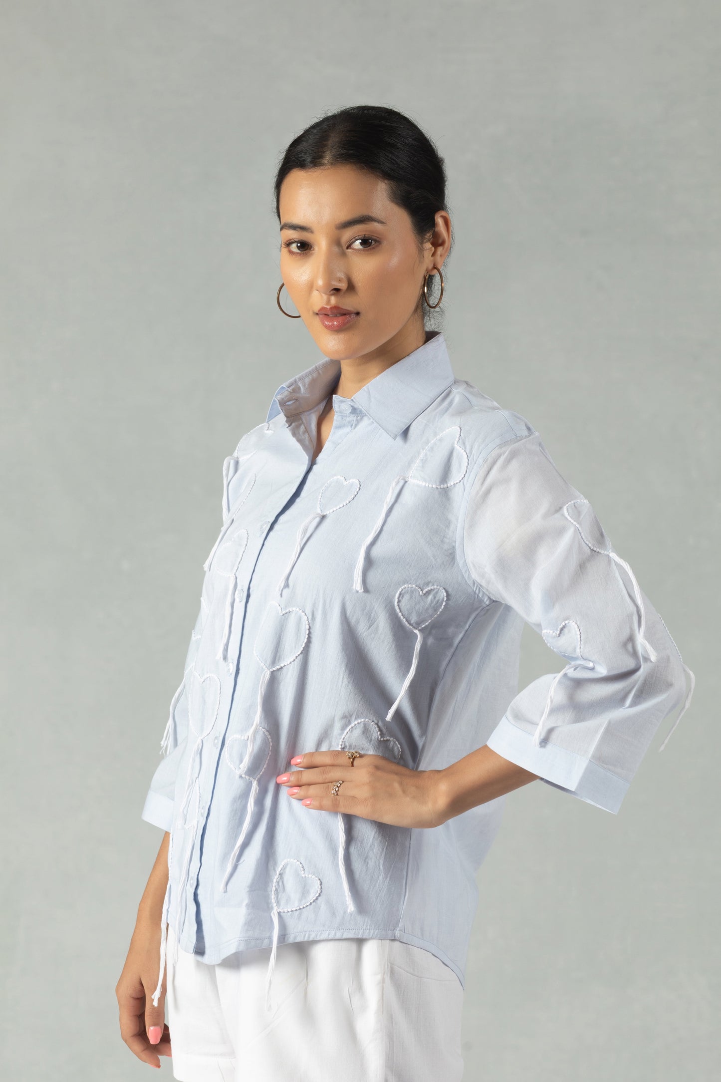 Blue Cotton Shirt with Hand Embroidered Heart Detail