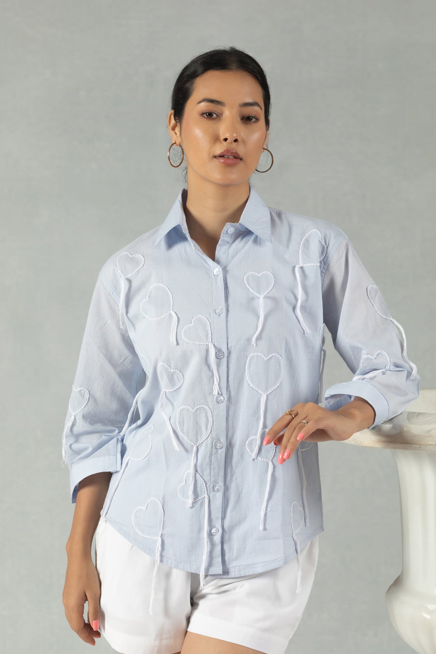 Blue Cotton Shirt with Hand Embroidered Heart Detail