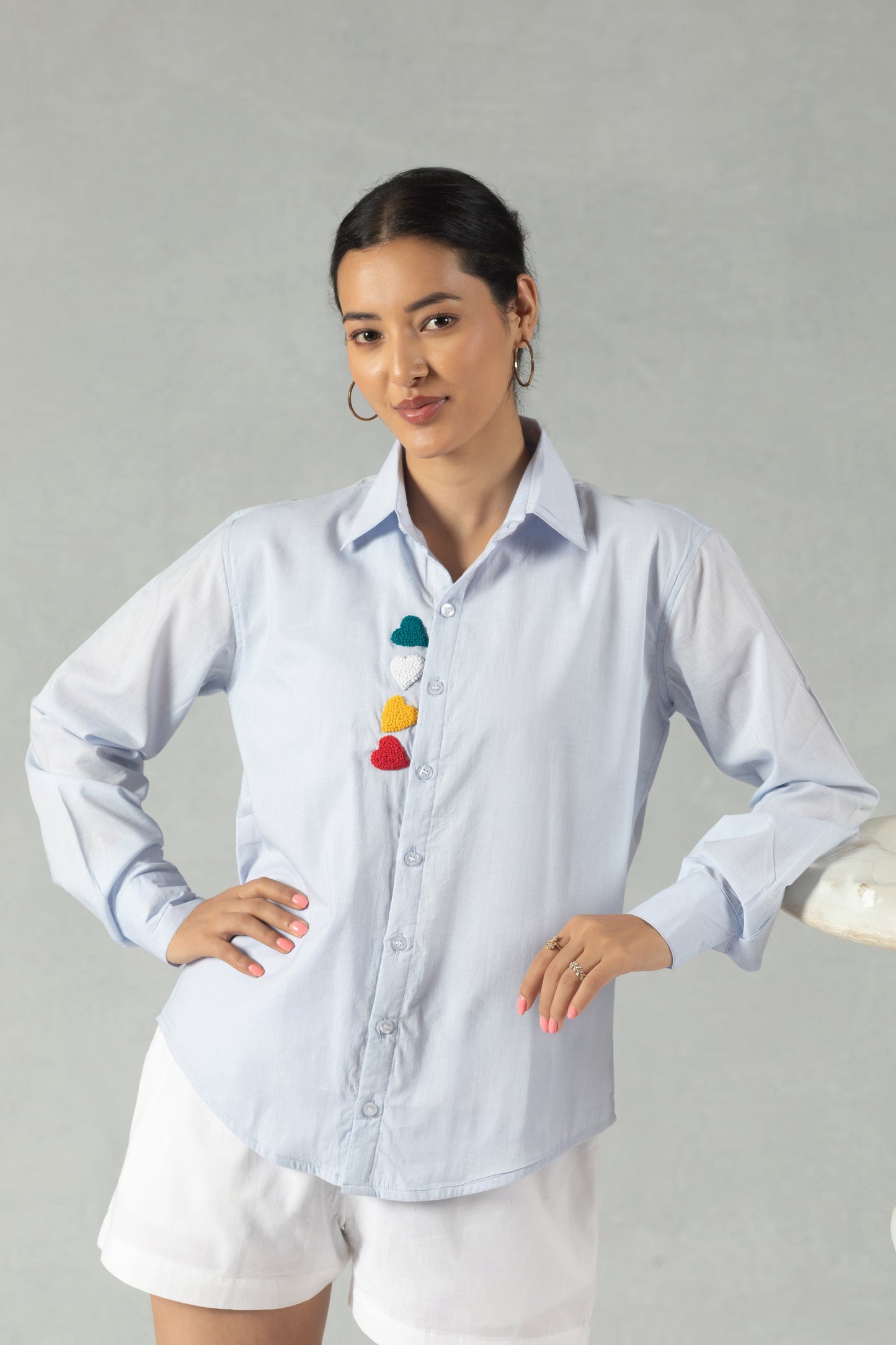 Blue Cotton Shirt with Bold Heart Embroidery