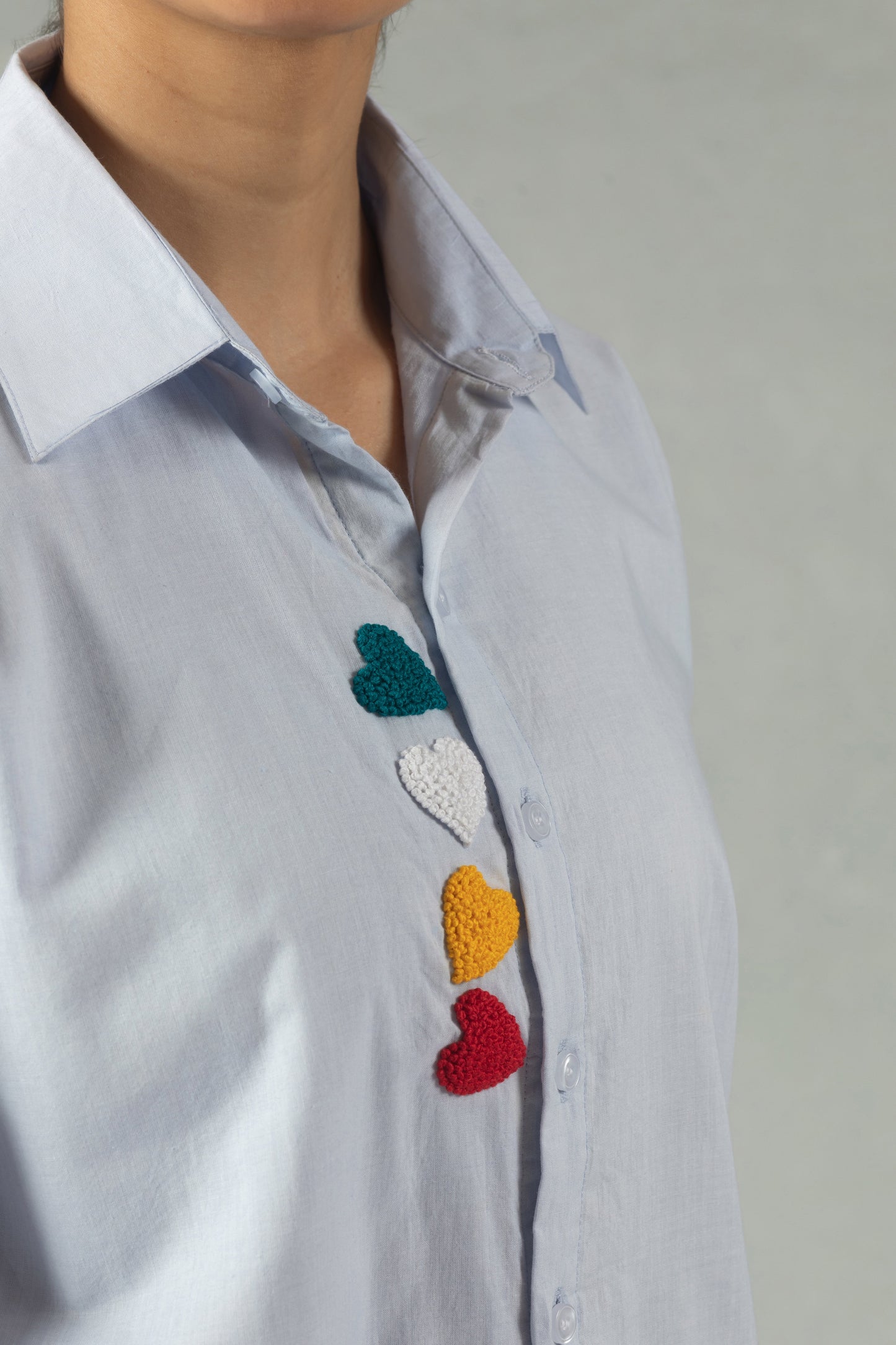 Blue Cotton Shirt with Bold Heart Embroidery
